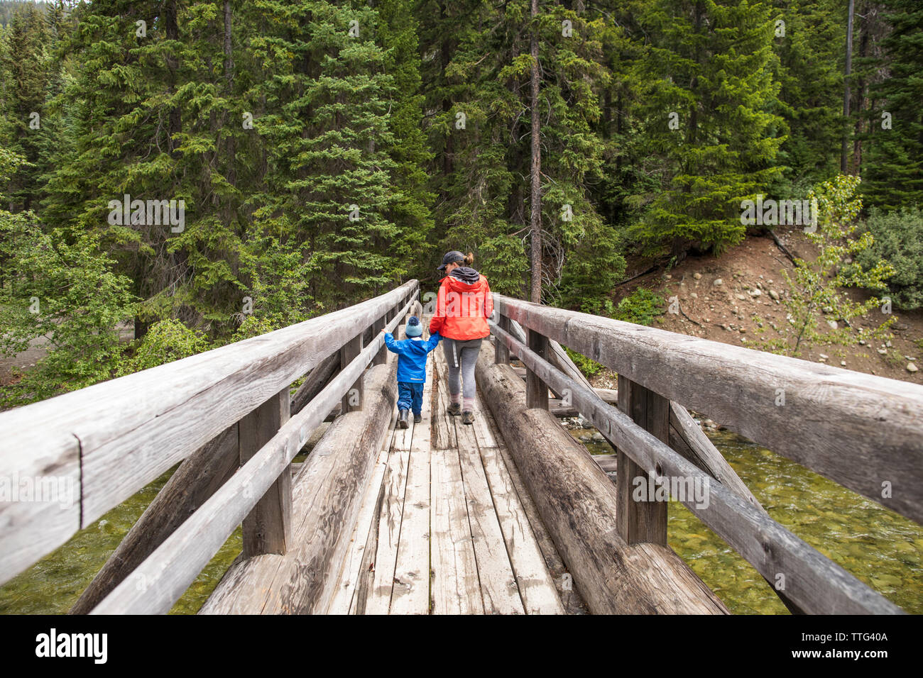 Madre e figlio escursione attraverso un ponte di legno in Manning Provincial Park. Foto Stock