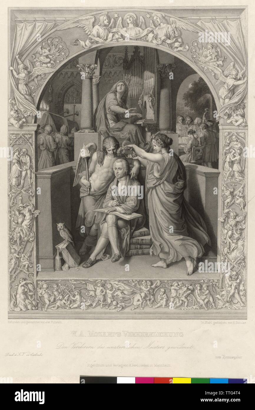 Wolfgang Amadeus Mozart glorificazione, acciaio incisione di Edouard Schuler sulla base di un disegno da Joseph Knight von Fuehrich, artista del diritto d'autore non deve essere cancellata Foto Stock
