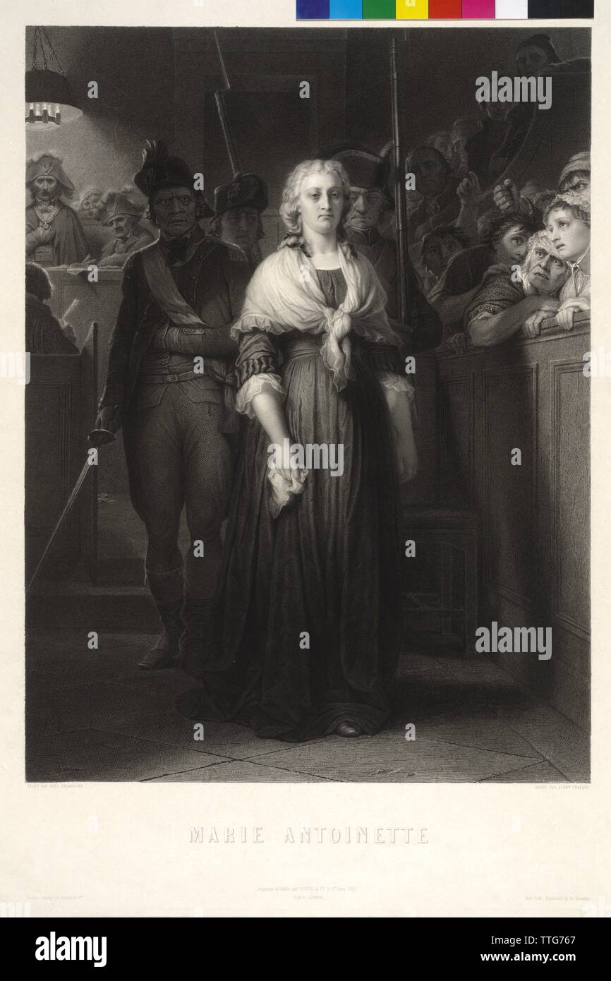Maria Antonietta, arciduchessa d'Austria, Maria Antonietta davanti al tribunale rivoluzionario. incisione su rame / attacco da Alphonse François basato su un dipinto da Paolo Dearoche, Additional-Rights-Clearance-Info-Not-Available Foto Stock