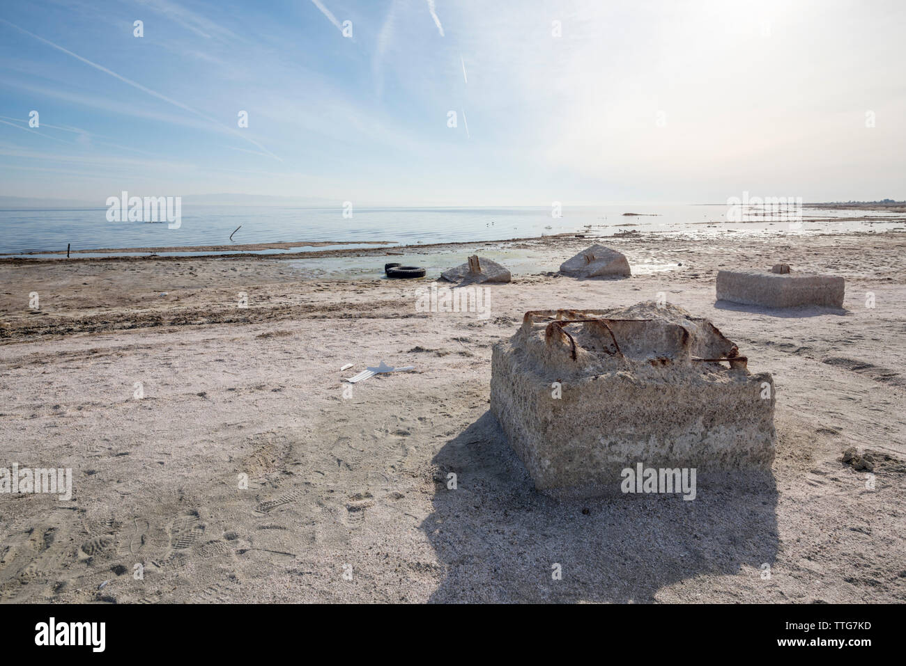 Strutture in calcestruzzo su Salton Sea Beach. Foto Stock