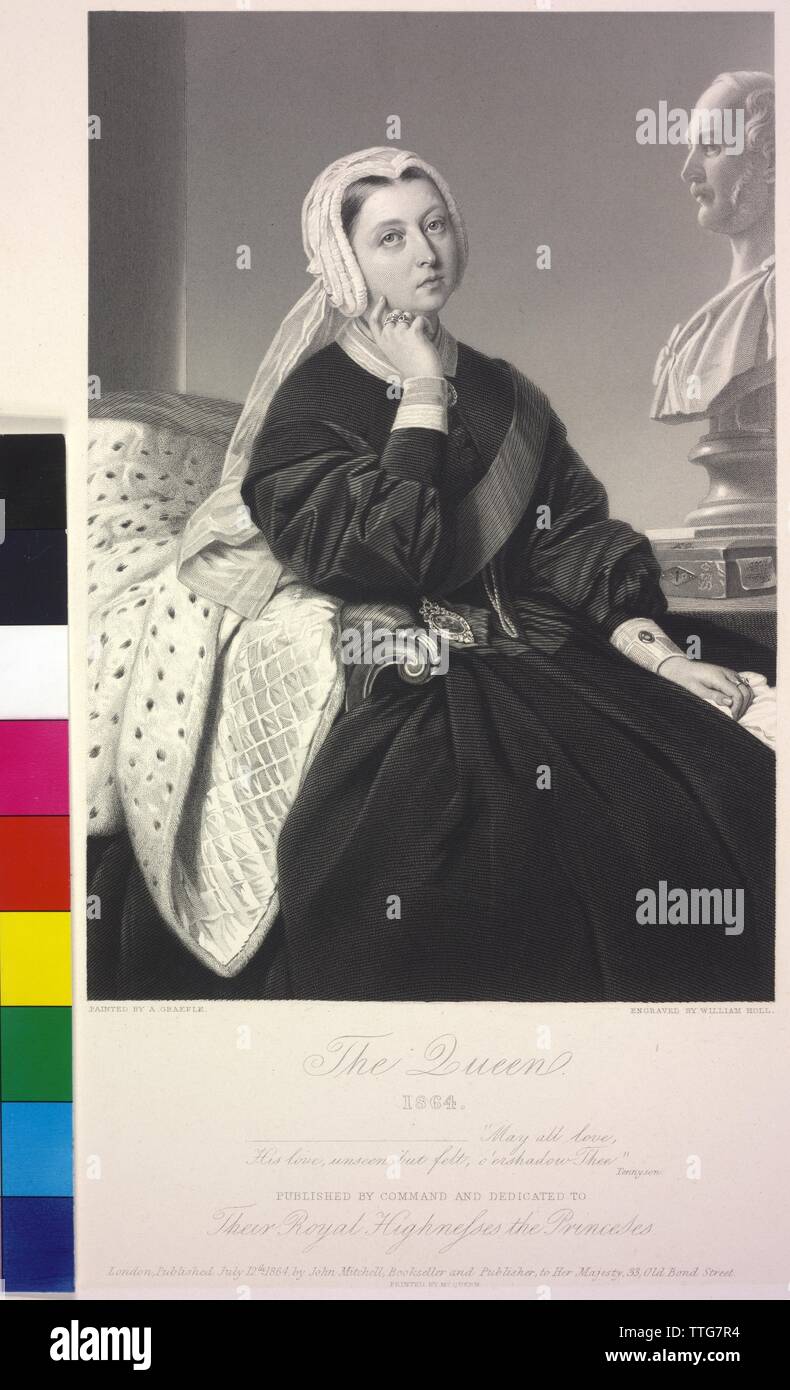 Victoria, Regina della Gran Bretagna, insieme con un busto del suo marito Albert, principe consorte di Gran Bretagna, acciaio incisione di William Holl basato su un dipinto di Albert Graefle, artista del diritto d'autore non deve essere cancellata Foto Stock