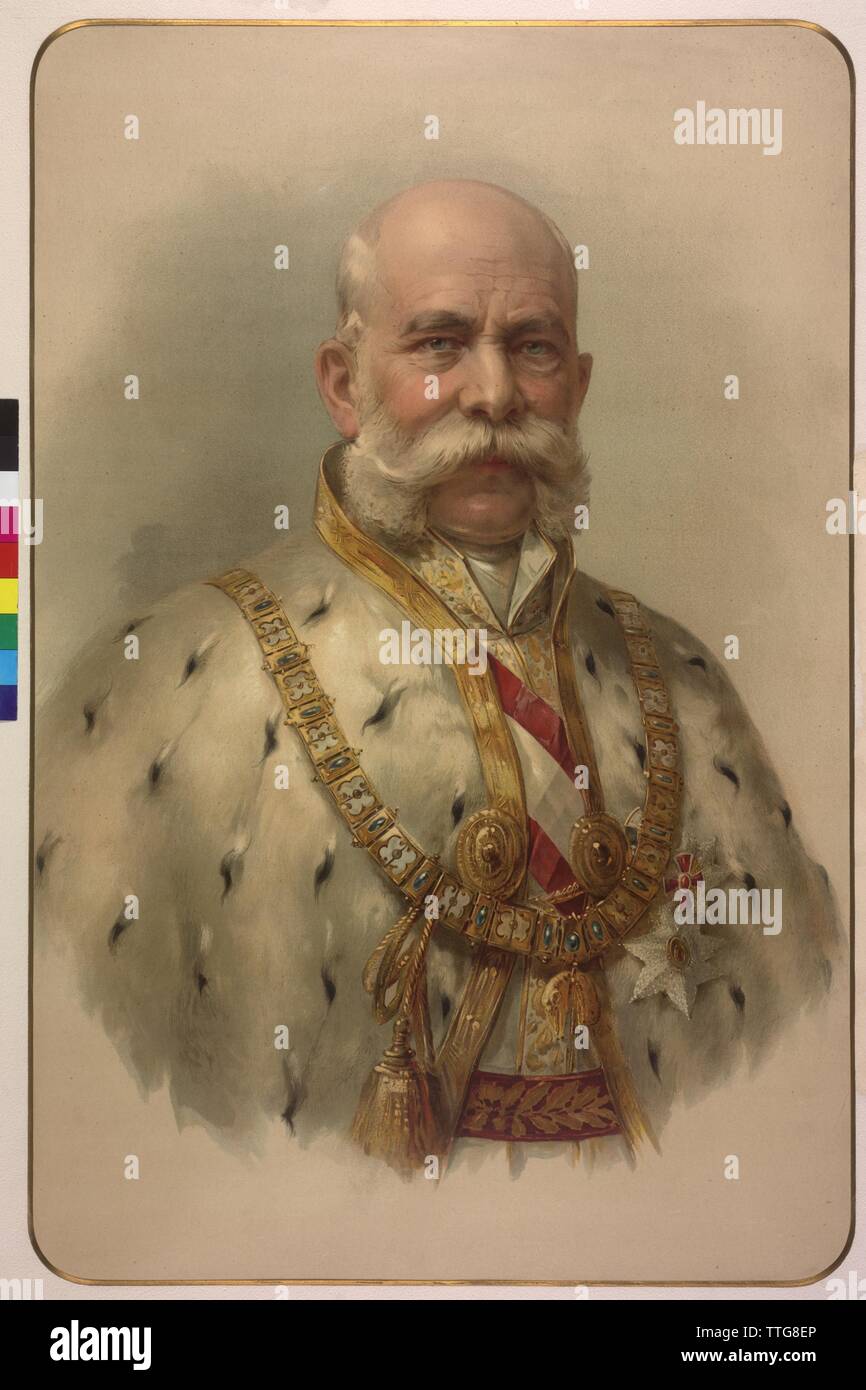 L'imperatore Franz Joseph I nella veste di vello, mezza lunghezza, la metà destra in habiliments del boss e sovrano di Ordine austriaco del vello d'oro, Additional-Rights-Clearance-Info-Not-Available Foto Stock