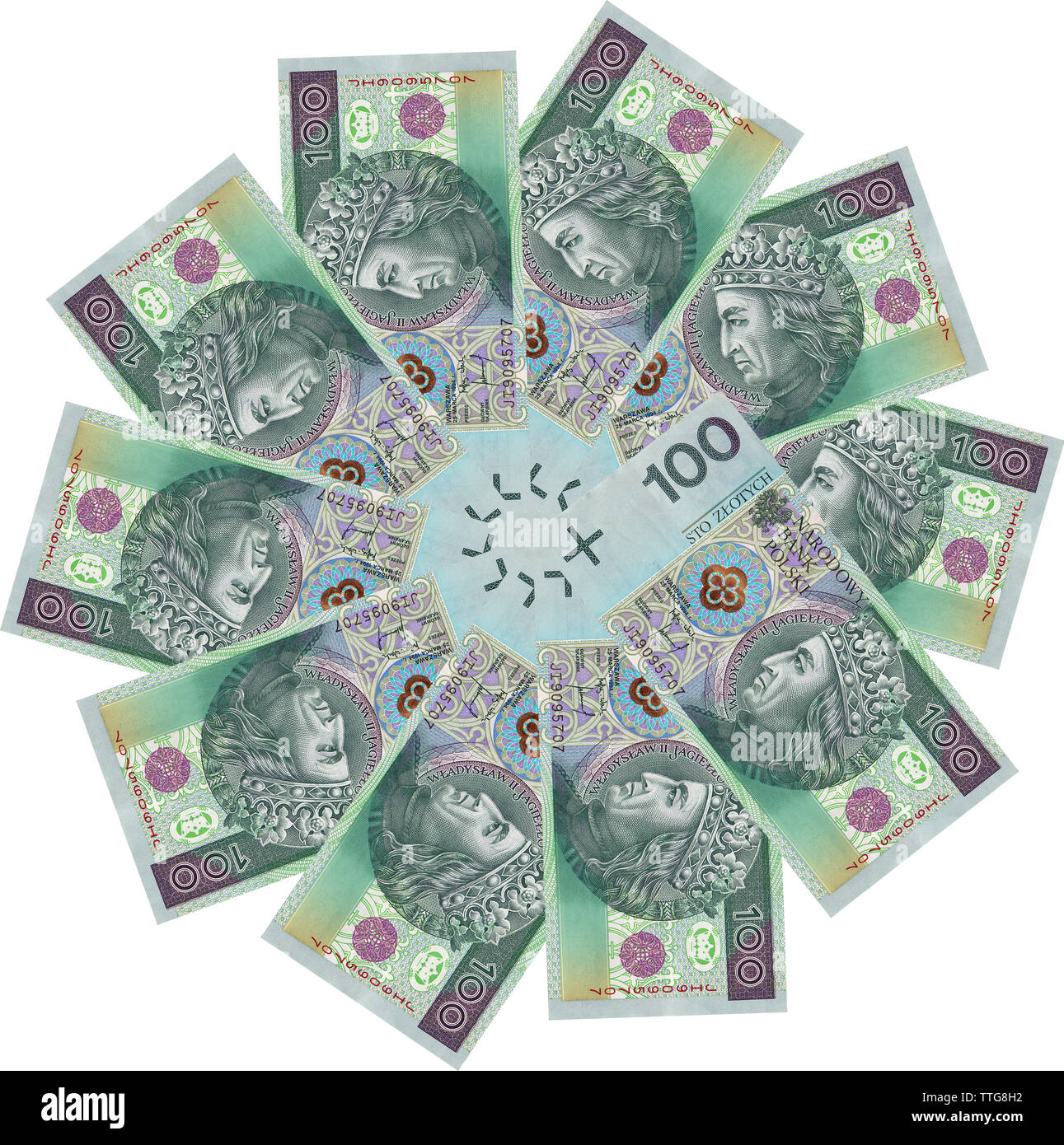 Polish zlotys - bellissimo ornamento geometrico, texture, pattern da valuta polacca, 100 PLN bollette (banconote valore facciale PLN 100) - fiore dal denaro Foto Stock