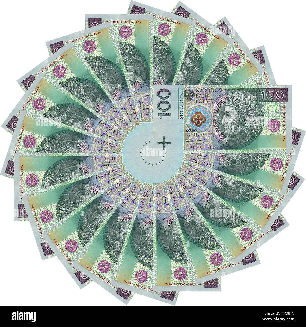 Polish zlotys - bellissimo ornamento geometrico, texture, pattern da valuta polacca, 100 PLN bollette (banconote valore facciale PLN 100) - fiore dal denaro Foto Stock