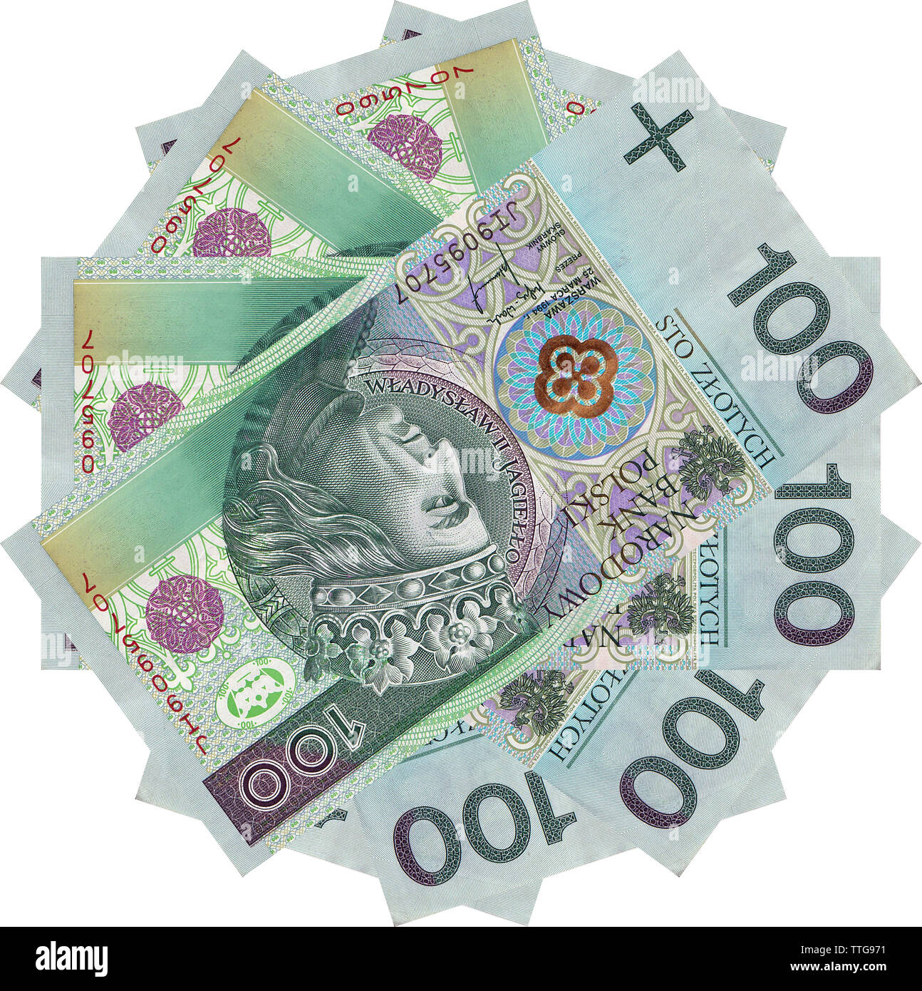 Polish zlotys - bellissimo ornamento geometrico, texture, pattern da valuta polacca, 100 PLN bollette (banconote valore facciale PLN 100) - fiore dal denaro Foto Stock