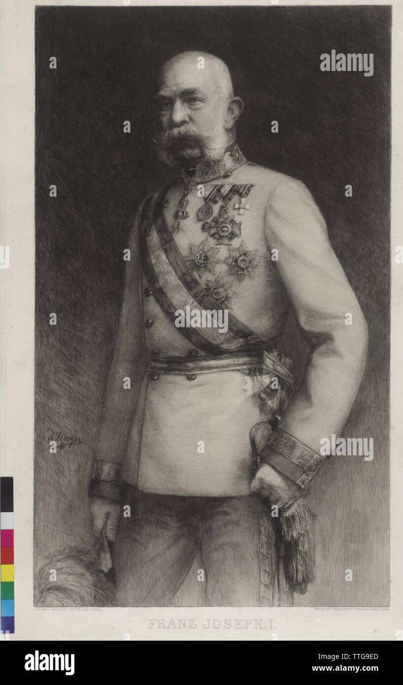 Franz Joseph I in pieno uniforme del vestito di un maresciallo di campo, quasi a metà lunghezza, in piedi, metà sinistra, attacco da William Unger, nel disco firmato "W. Unger', Additional-Rights-Clearance-Info-Not-Available Foto Stock
