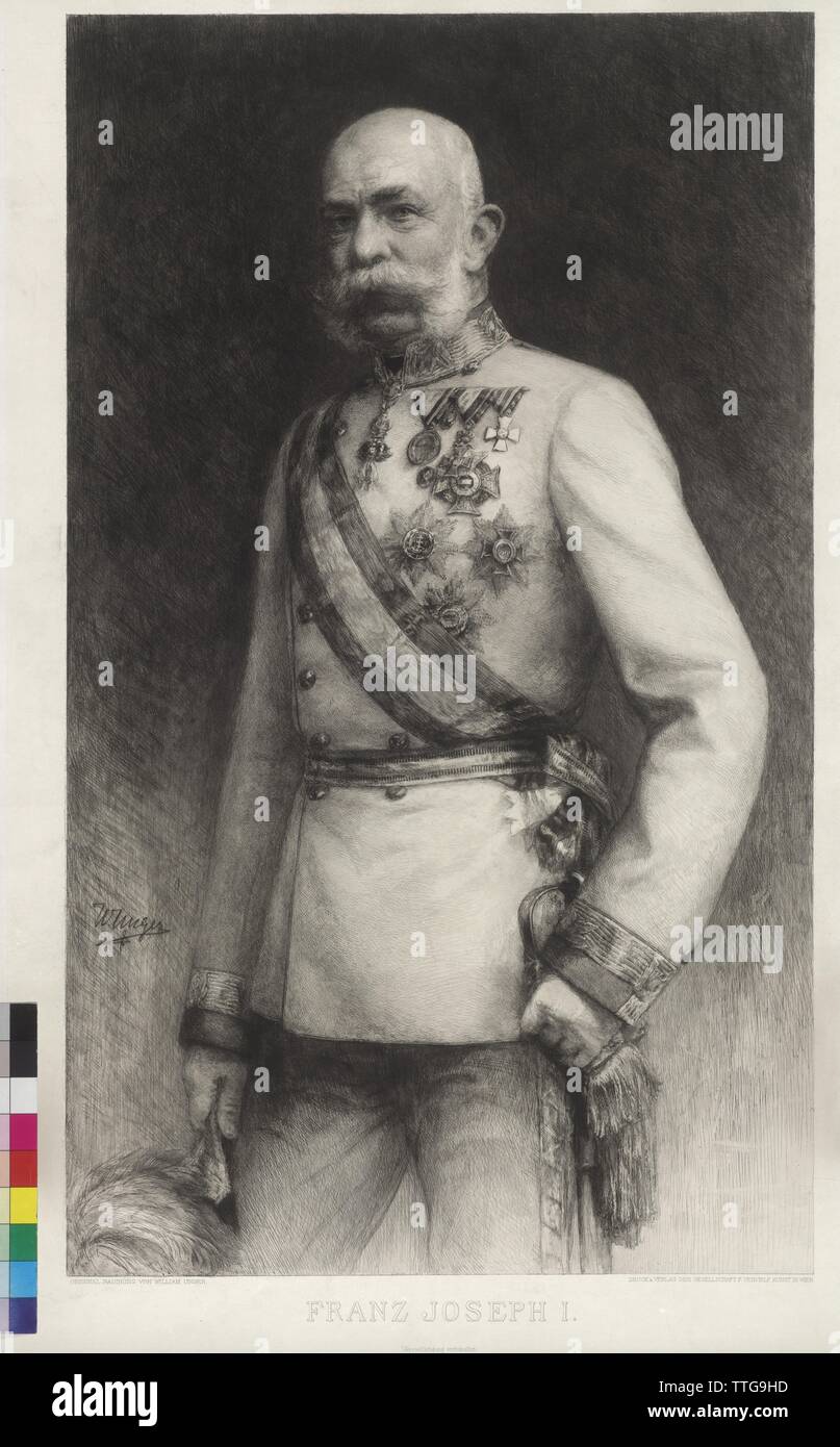 Franz Joseph I in pieno uniforme del vestito di un maresciallo di campo, quasi a metà lunghezza, in piedi, metà sinistra, attacco da William Unger, nel disco firmato "W. Unger', Additional-Rights-Clearance-Info-Not-Available Foto Stock