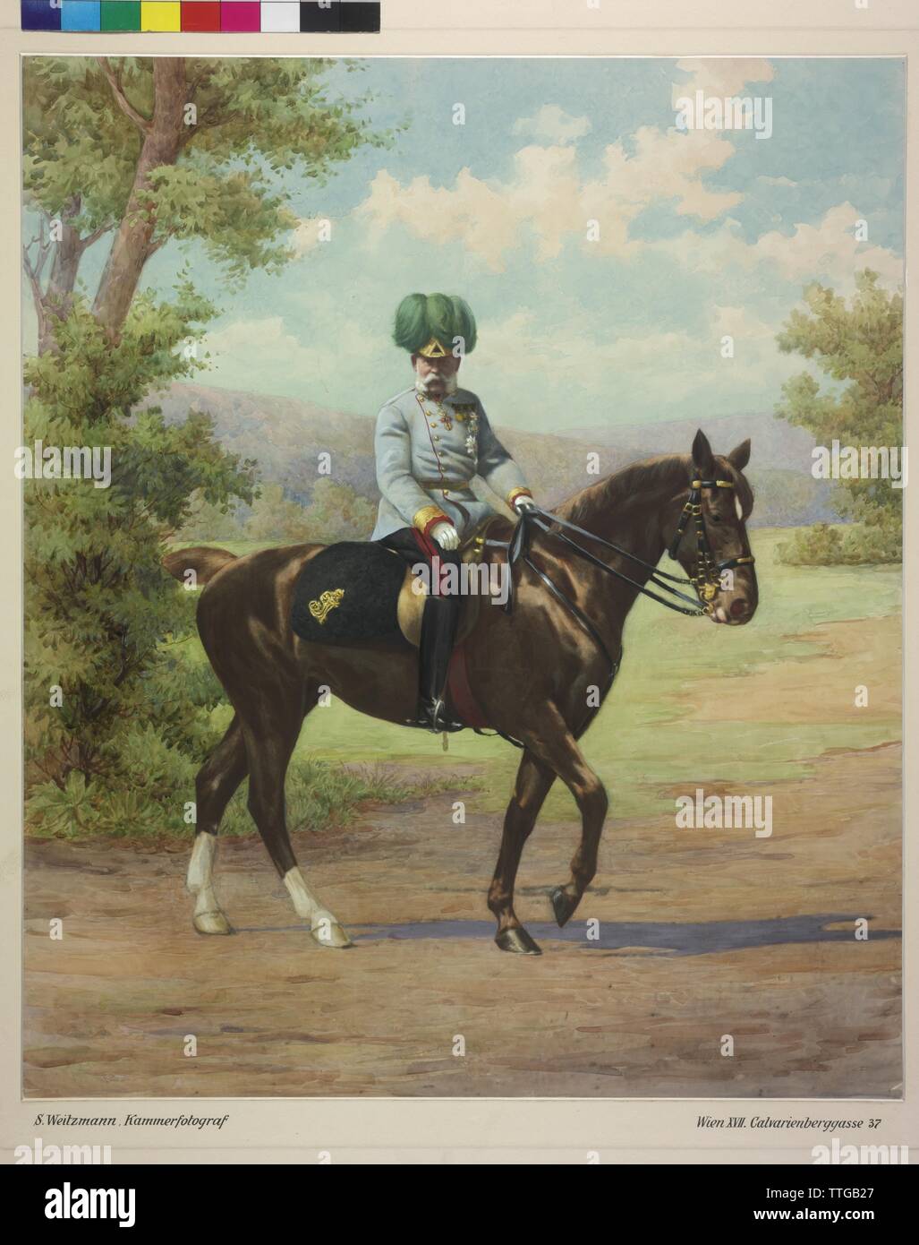 Franz Joseph I sul cavallo, figura intera en face, cavallo a destra esperti, paesaggio prospettiva. dipinto in acquerelli arte fotografica per pagina Weitzmann, Additional-Rights-Clearance-Info-Not-Available Foto Stock