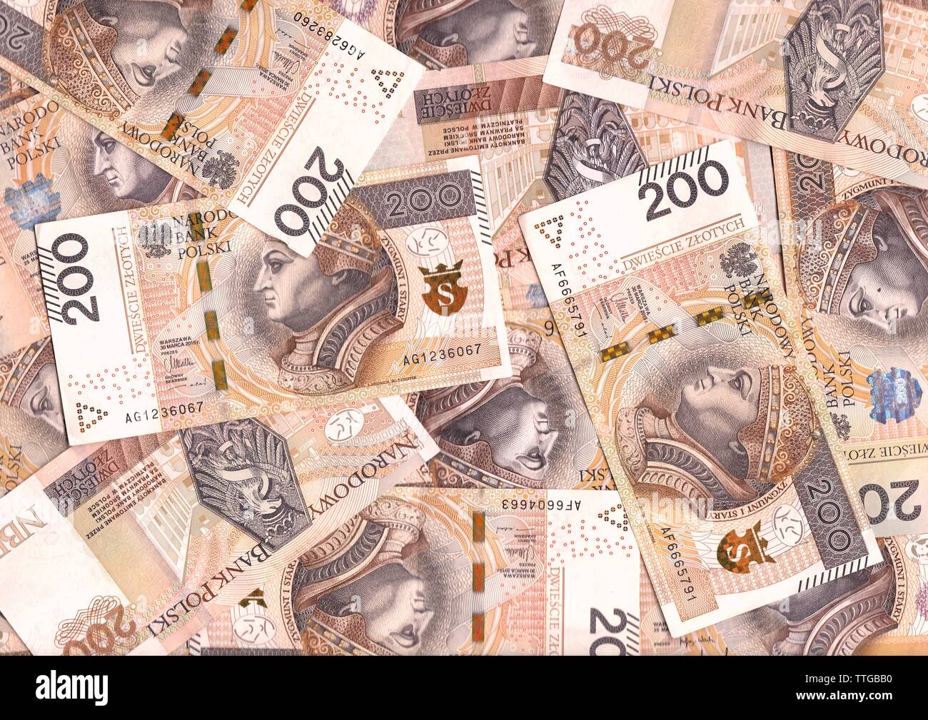 Polish zlotys - valuta polacca, 200 PLN bollette (banconote valore facciale PLN 200) - tappeto dal denaro Foto Stock