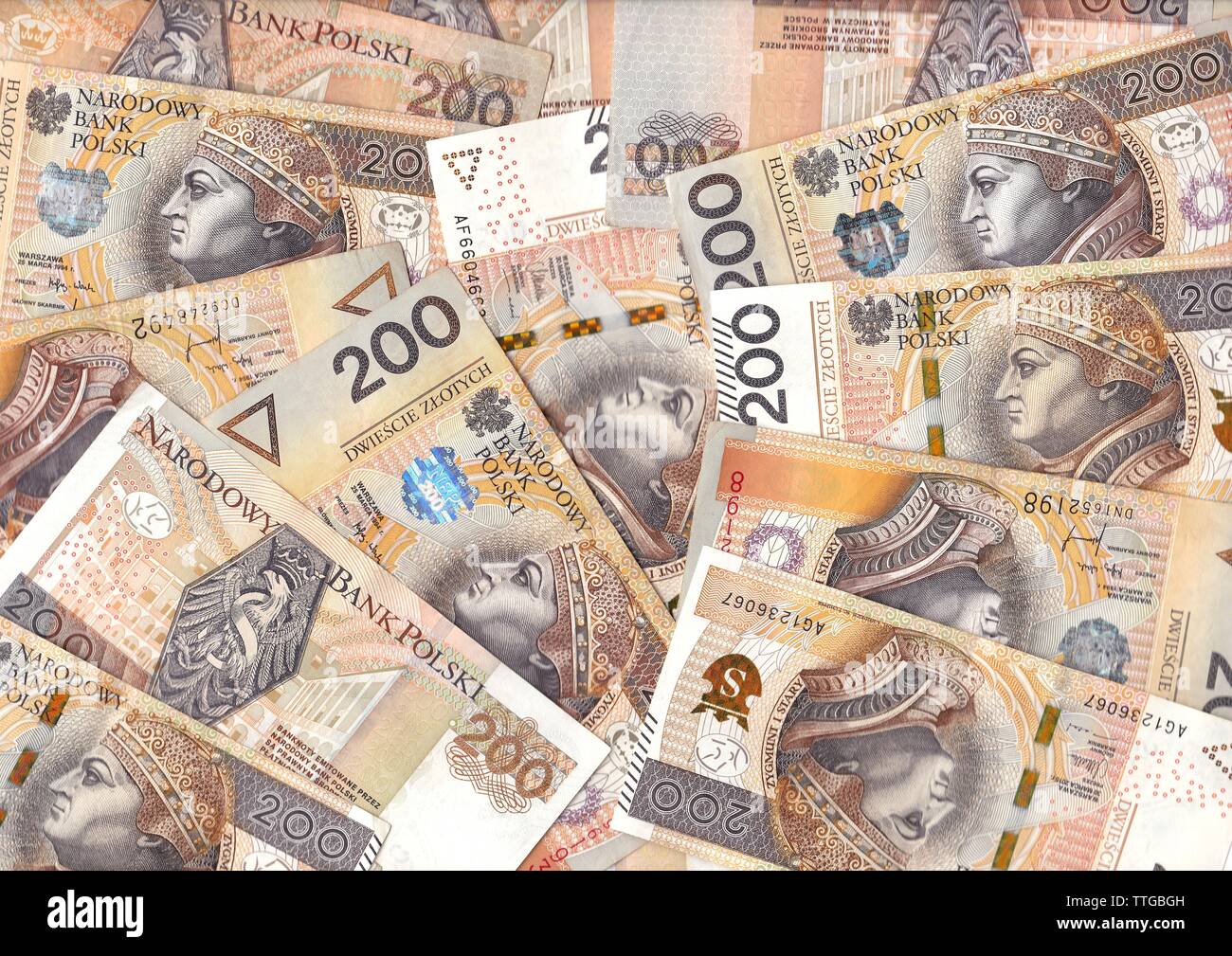 Polish zlotys - valuta polacca, 200 PLN bollette (banconote valore facciale PLN 200) - tappeto dal denaro Foto Stock