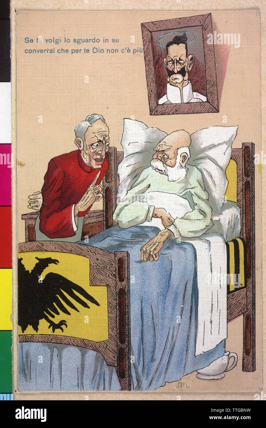 La caricatura di Franz Joseph I, imperatore d'Austria Francesco Giuseppe I come geriatrico sui malati-letto, il medico fare riferimento a un'immagine con l'Imperatore Guglielmo II, la con un alogeno come un idolo di rene rappresentato reale. cartolina, Additional-Rights-Clearance-Info-Not-Available Foto Stock