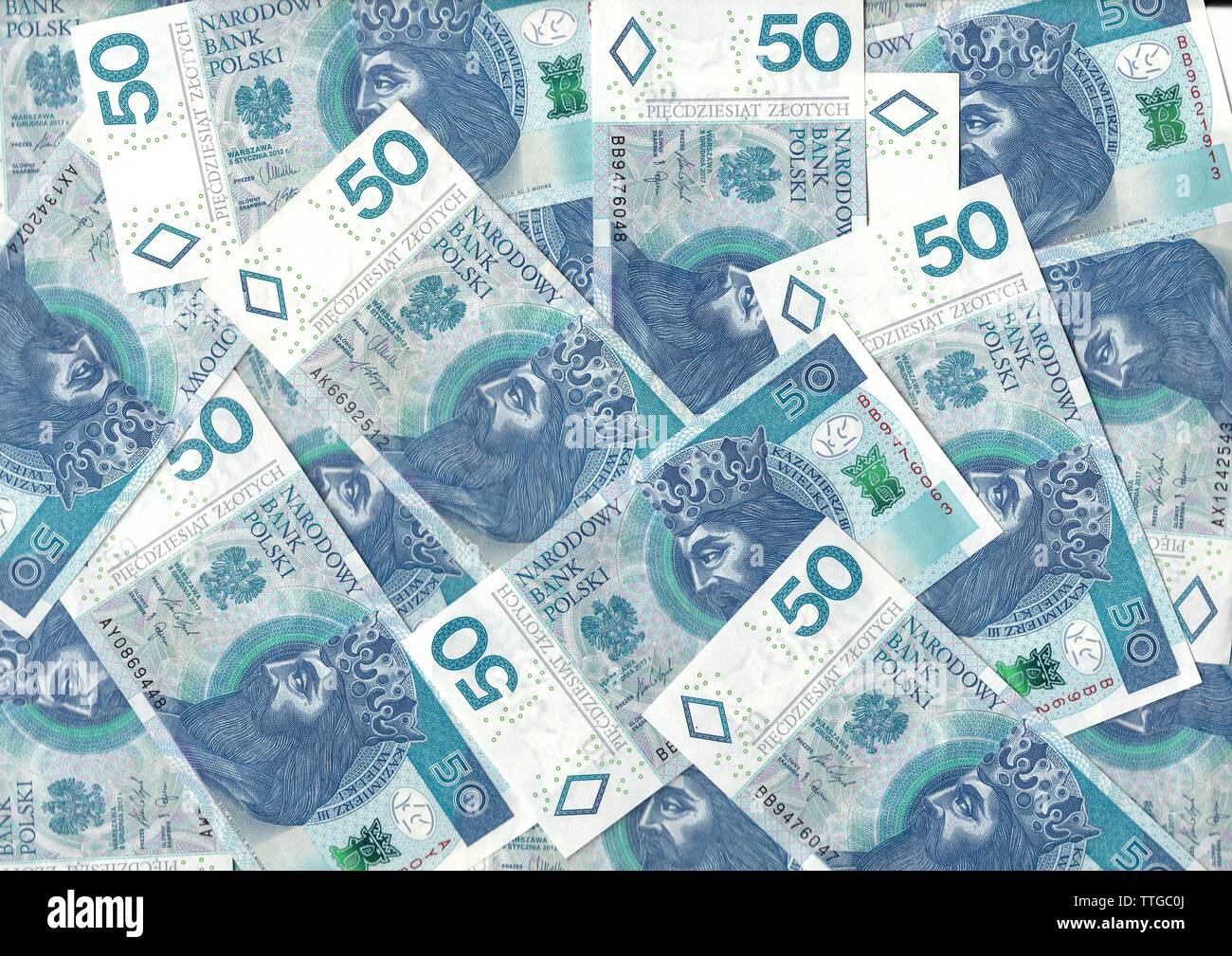 Polish zlotys - valuta polacca, 50 PLN bollette (banconote valore facciale PLN 50) - tappeto dal denaro Foto Stock
