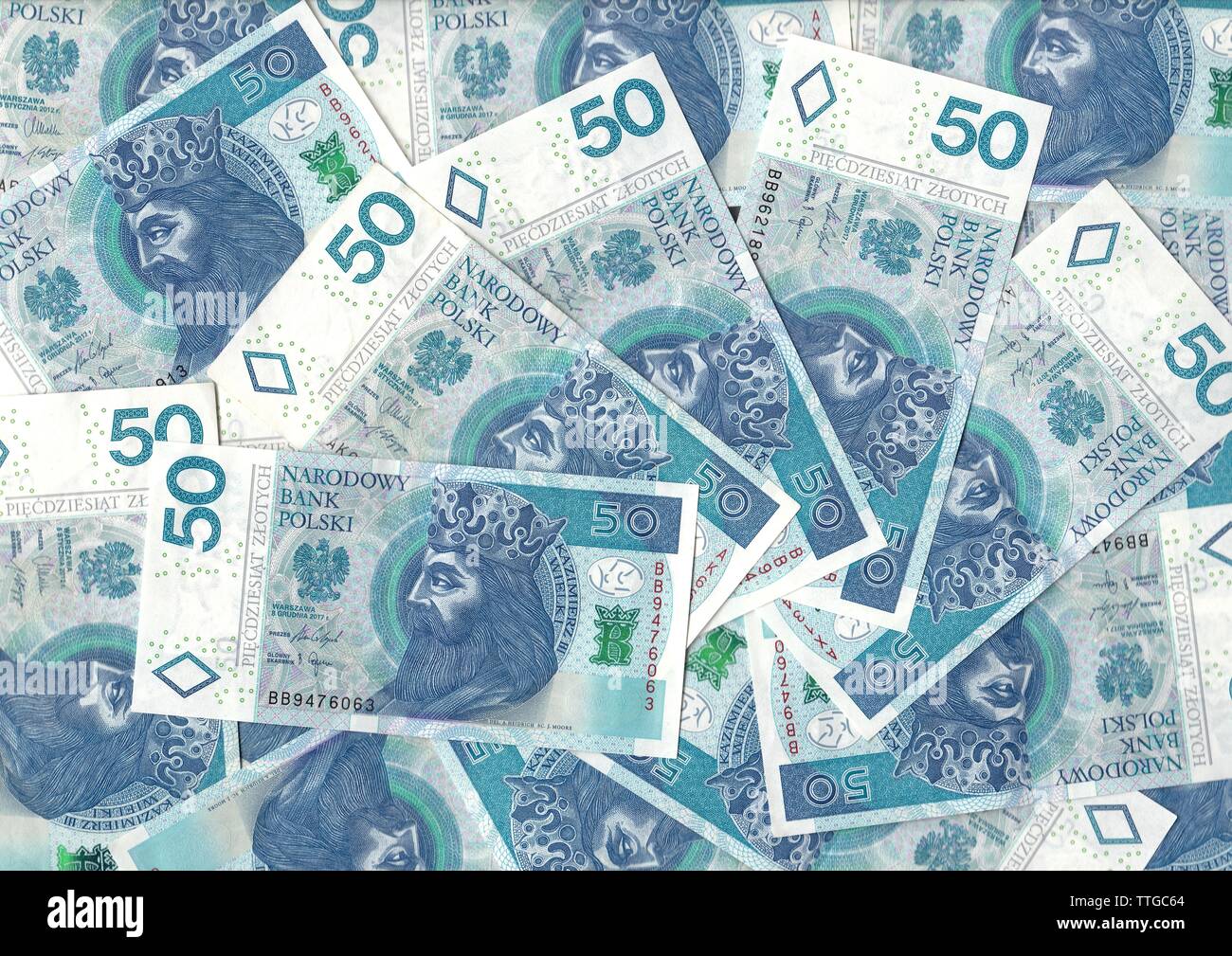 Polish zlotys - valuta polacca, 50 PLN bollette (banconote valore facciale PLN 50) - tappeto dal denaro Foto Stock