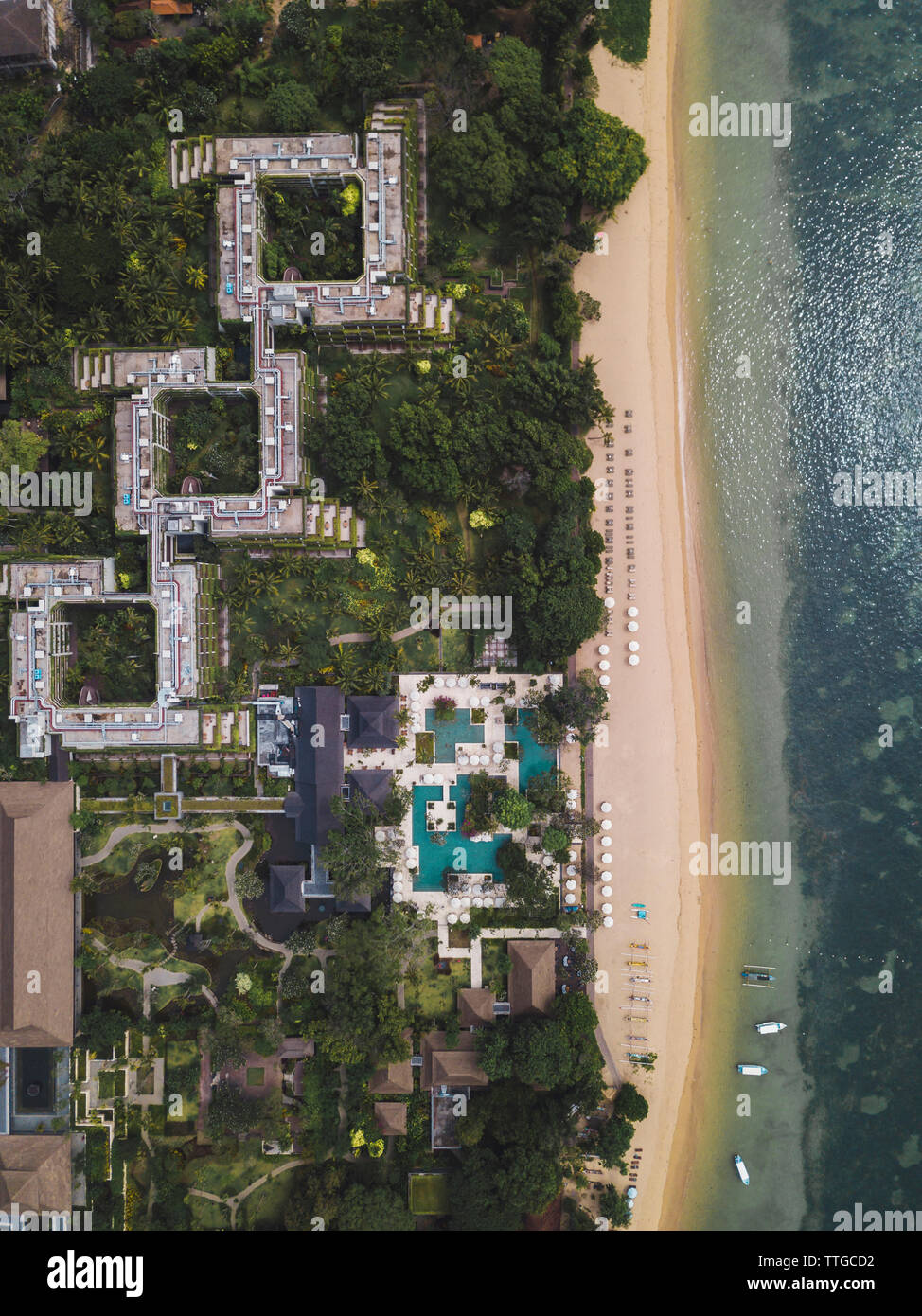 Vista aerea dell'hotel alla spiaggia di Sanur, Bali, Indonesia Foto Stock