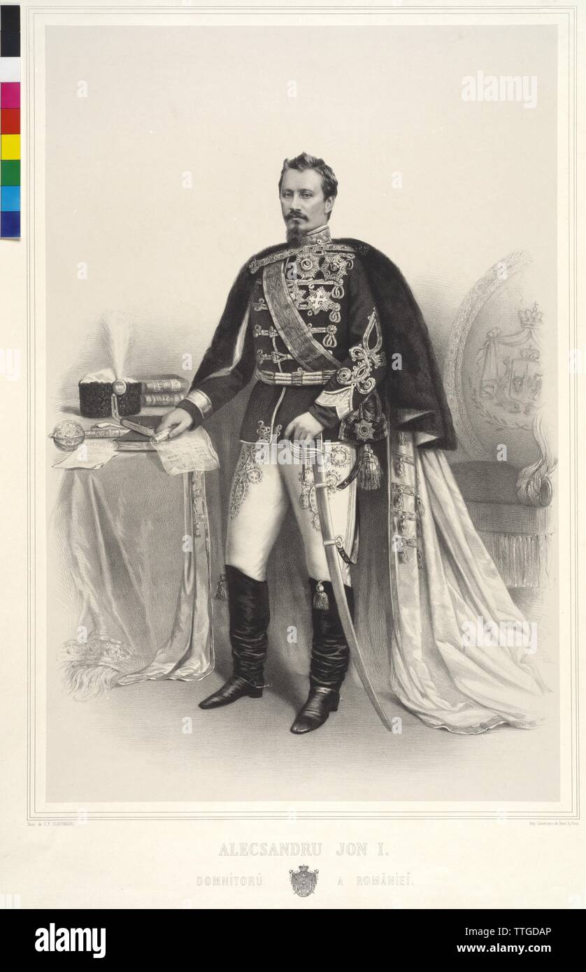 Alexander Johann I, principe di Romania, litografia da Carol pop de Szathmari. stemma, Additional-Rights-Clearance-Info-Not-Available Foto Stock