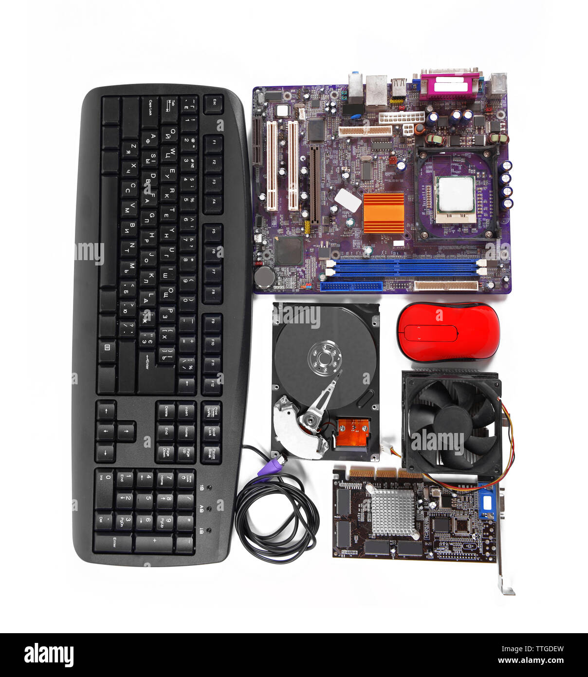 Insieme di parti di un computer isolato su bianco Foto Stock