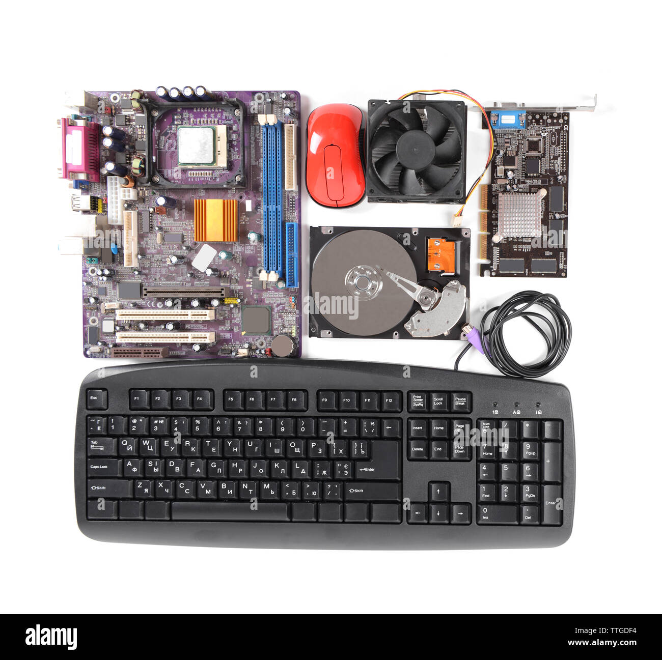 Insieme di parti di un computer isolato su bianco Foto Stock