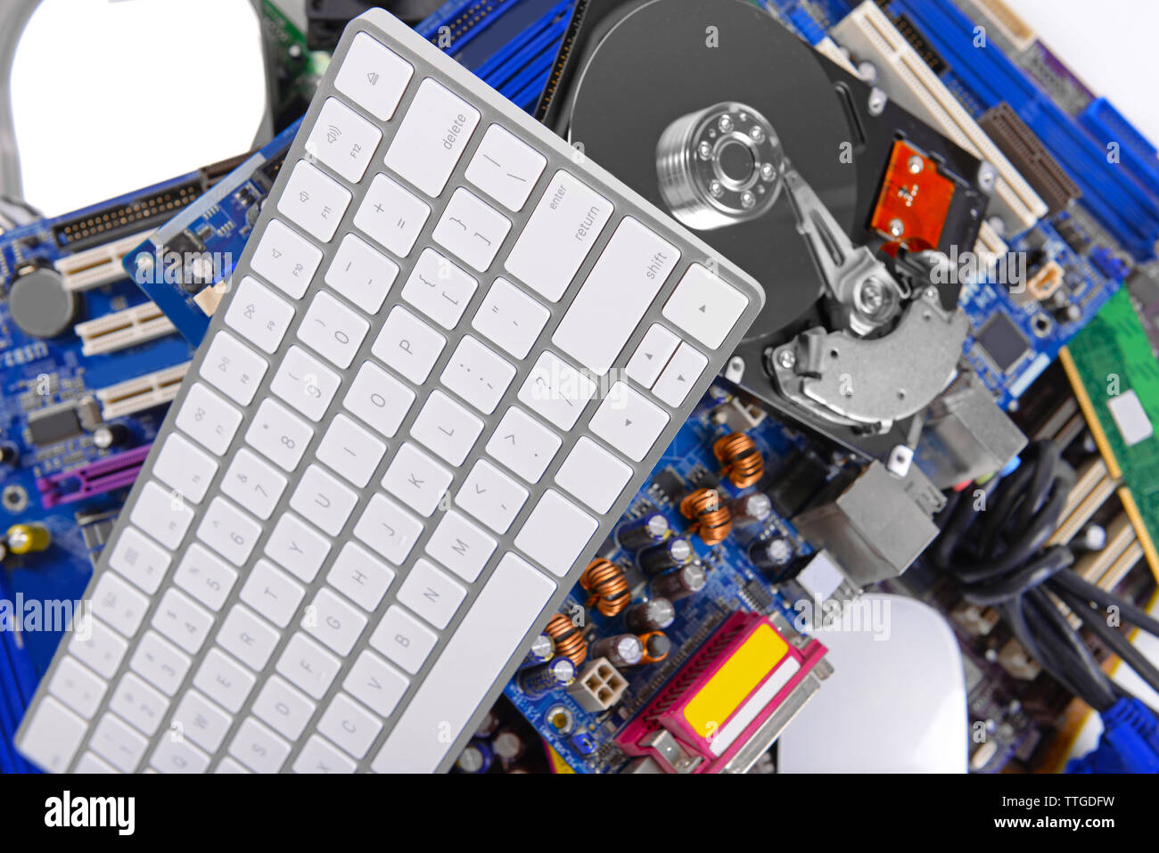 Insieme di parti di un computer, primo piano Foto Stock