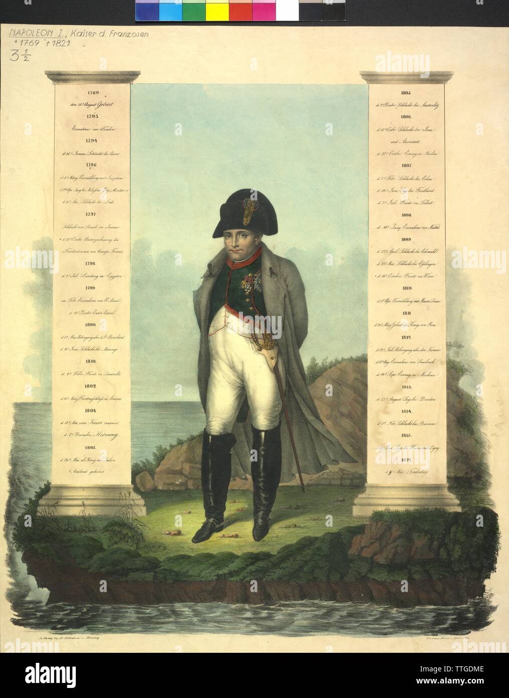 Napoleone Bonaparte Imperatore dei Francesi, litografia colorata. creste marginali con dati biografici, Additional-Rights-Clearance-Info-Not-Available Foto Stock