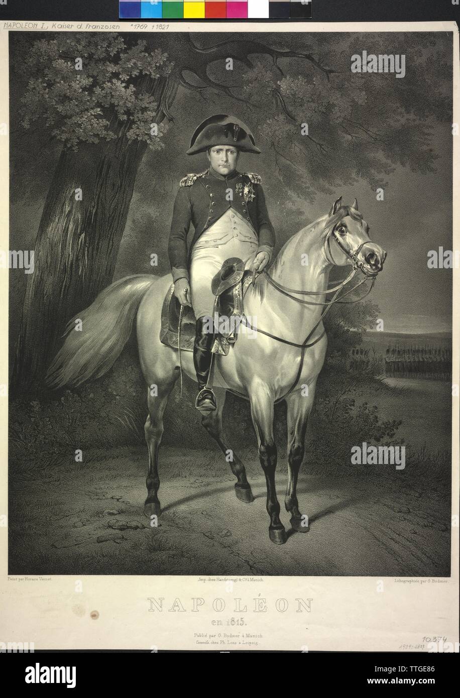 Napoleone Bonaparte Imperatore dei Francesi, immagine equestre, litografia da Gottlieb Bodmer basato su un dipinto di Orazio Vernet, Additional-Rights-Clearance-Info-Not-Available Foto Stock