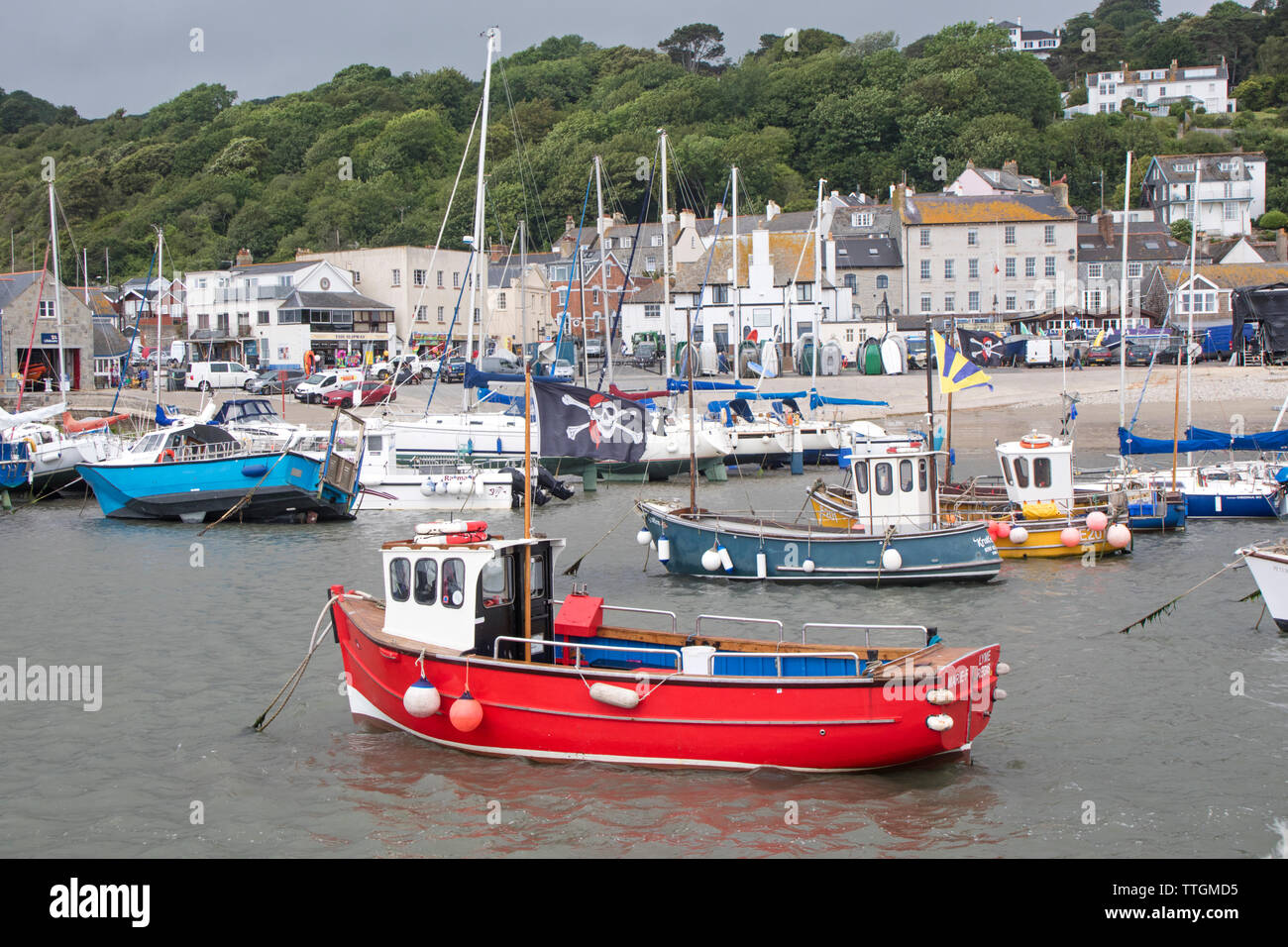 La pesca e le imbarcazioni da diporto ormeggiata in Lyme Regis Harbour, Dorset, England, Regno Unito Foto Stock
