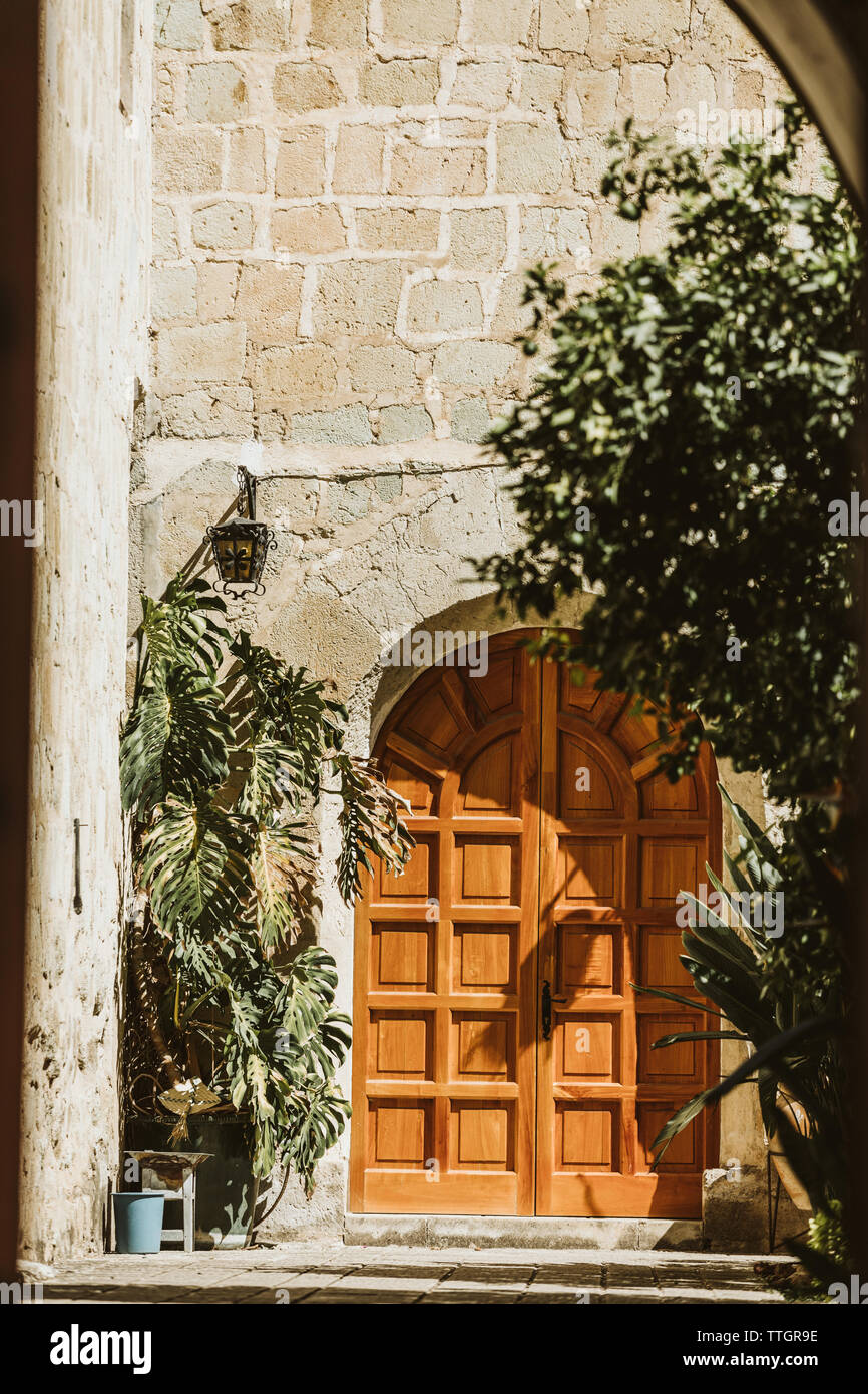 Portale ad arco per un vecchio edificio cortile con piante del deserto Foto Stock