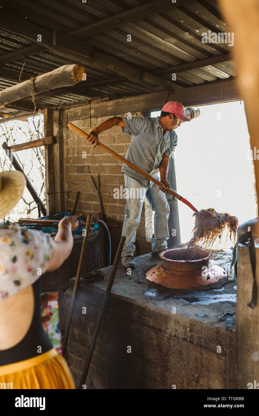 Mezcal messicano distillatore scoop schiacciato agave fuori della pentola di rame Foto Stock