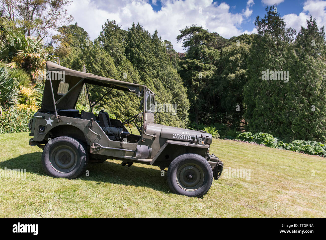 Una seconda guerra mondiale era Jeep Willys parcheggiato sul prato in giardino Trebah in Cornovaglia. Foto Stock
