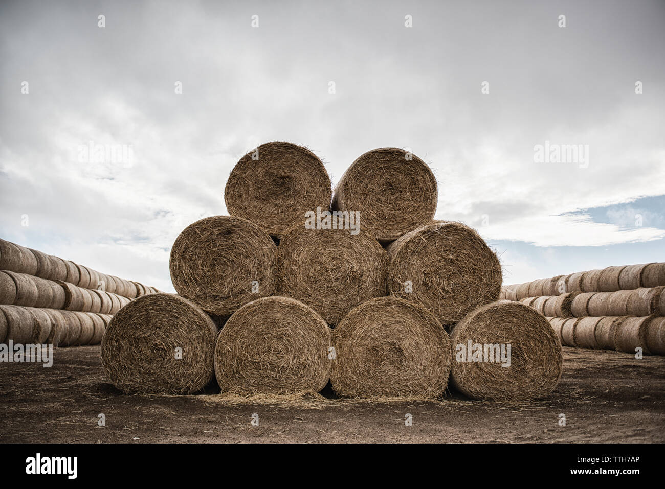 Ripetere impilati rotoballe di fieno set contro il cielo nuvoloso Foto Stock