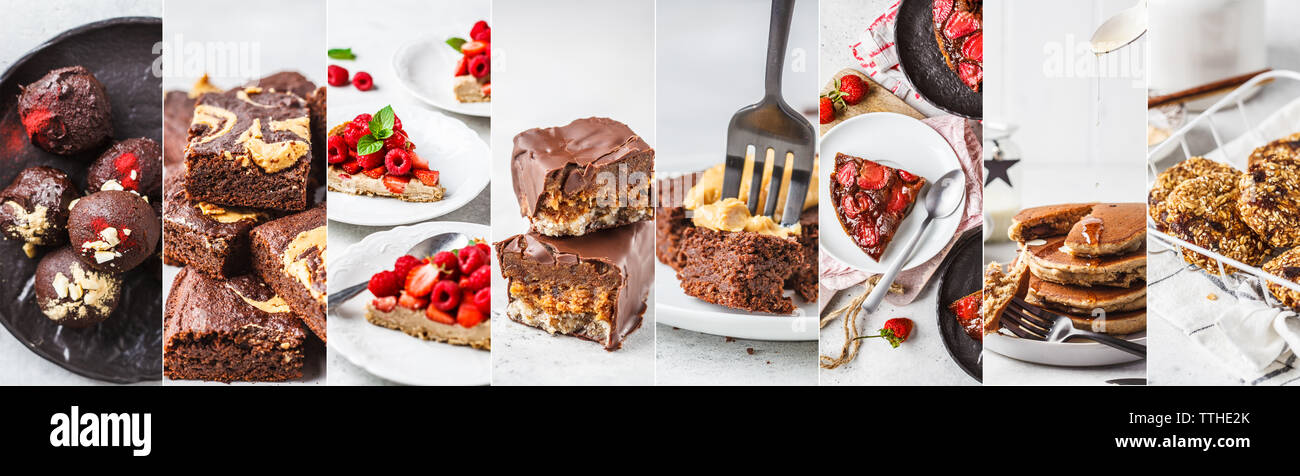 Collage di vario vegano sano dessert: dolci, torte, crostate, brownies, frittelle, biscotti, dolci e cibo crudo bar. Foto Stock