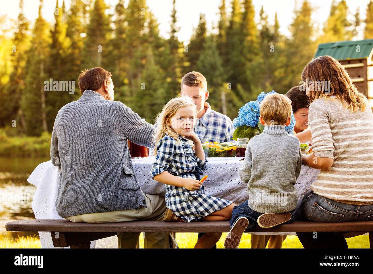 Multi-generazione famiglia godendo al tavolo da picnic Foto Stock