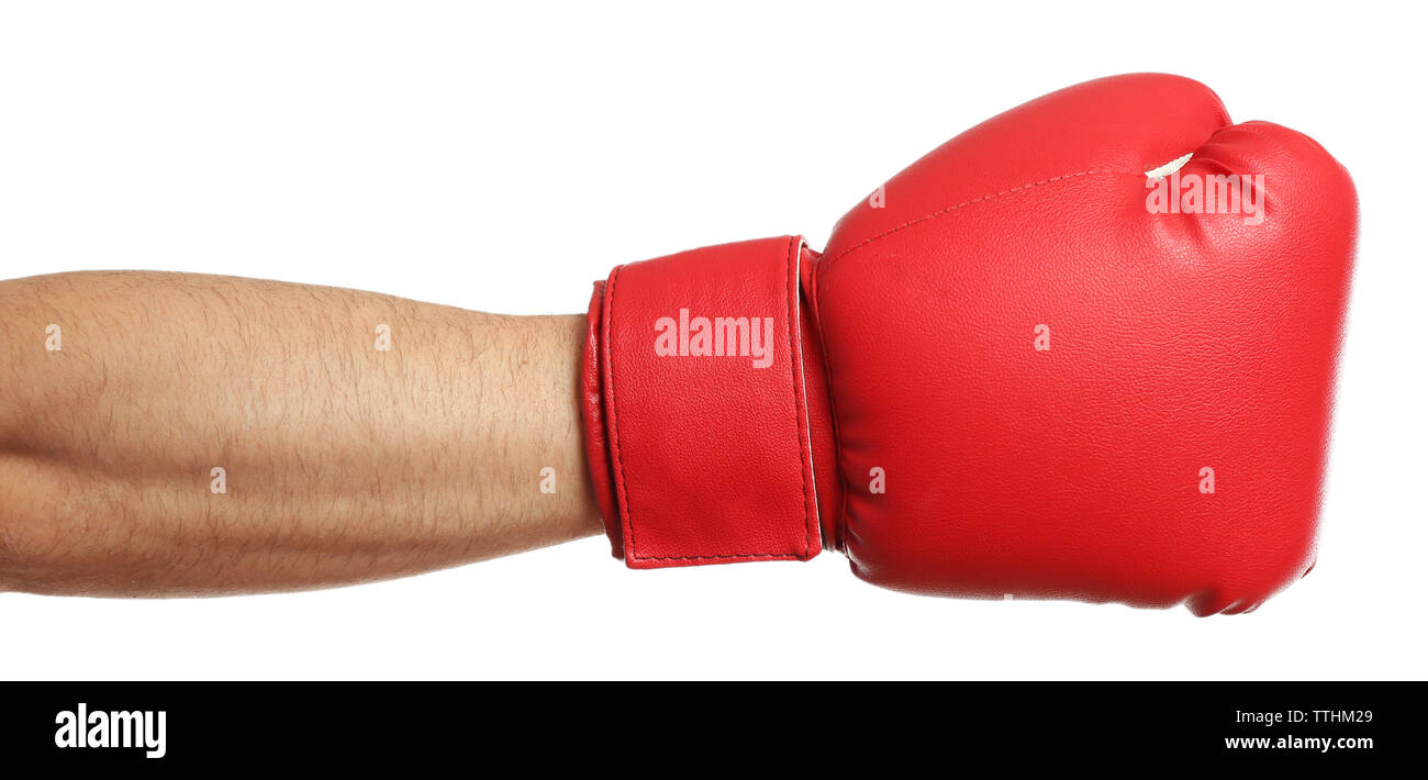 Mano maschio nel guanto di boxe, isolato su bianco Foto Stock