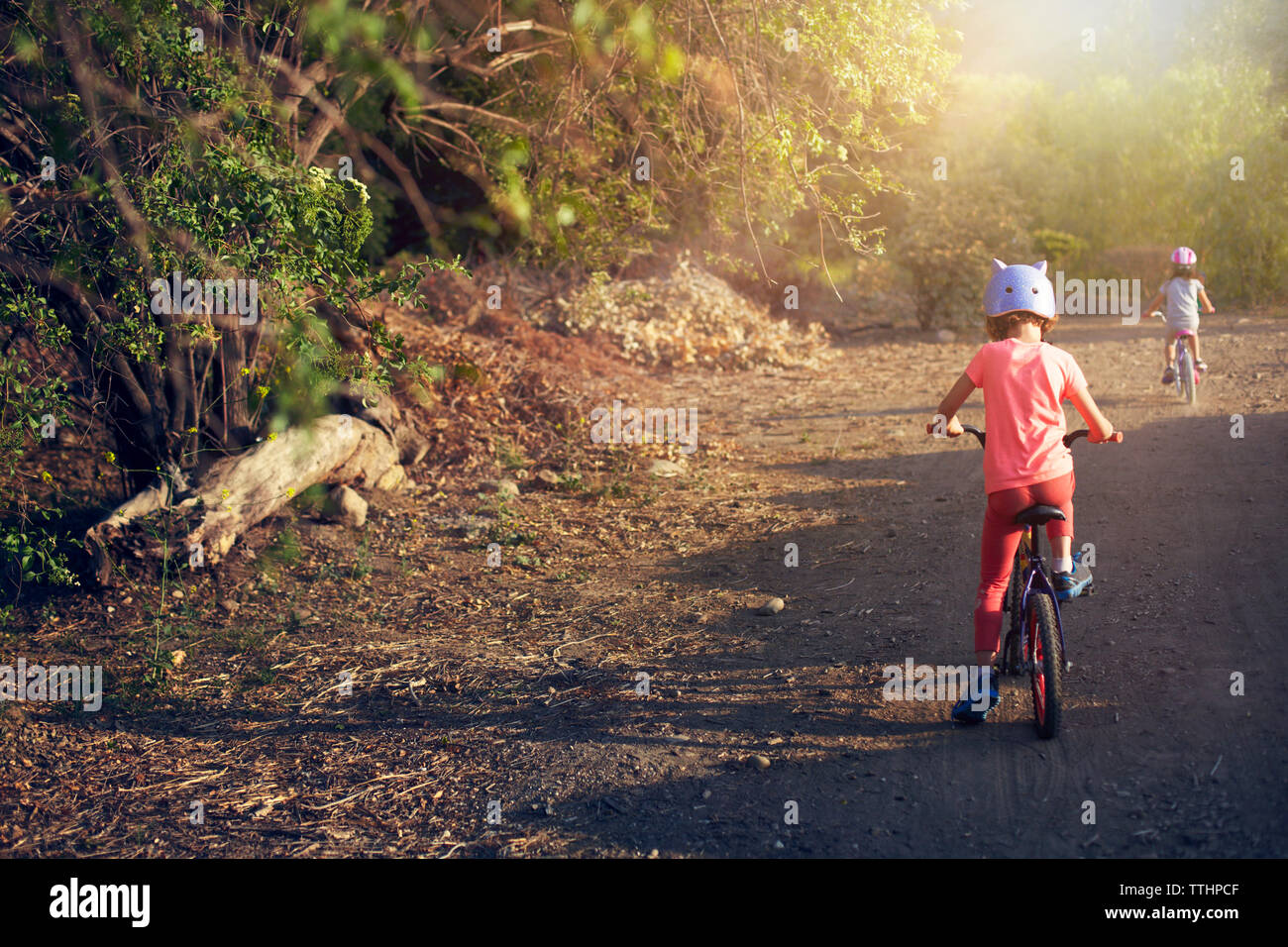 Vista posteriore dei bambini equitazione biciclette su strada nel campo Foto Stock