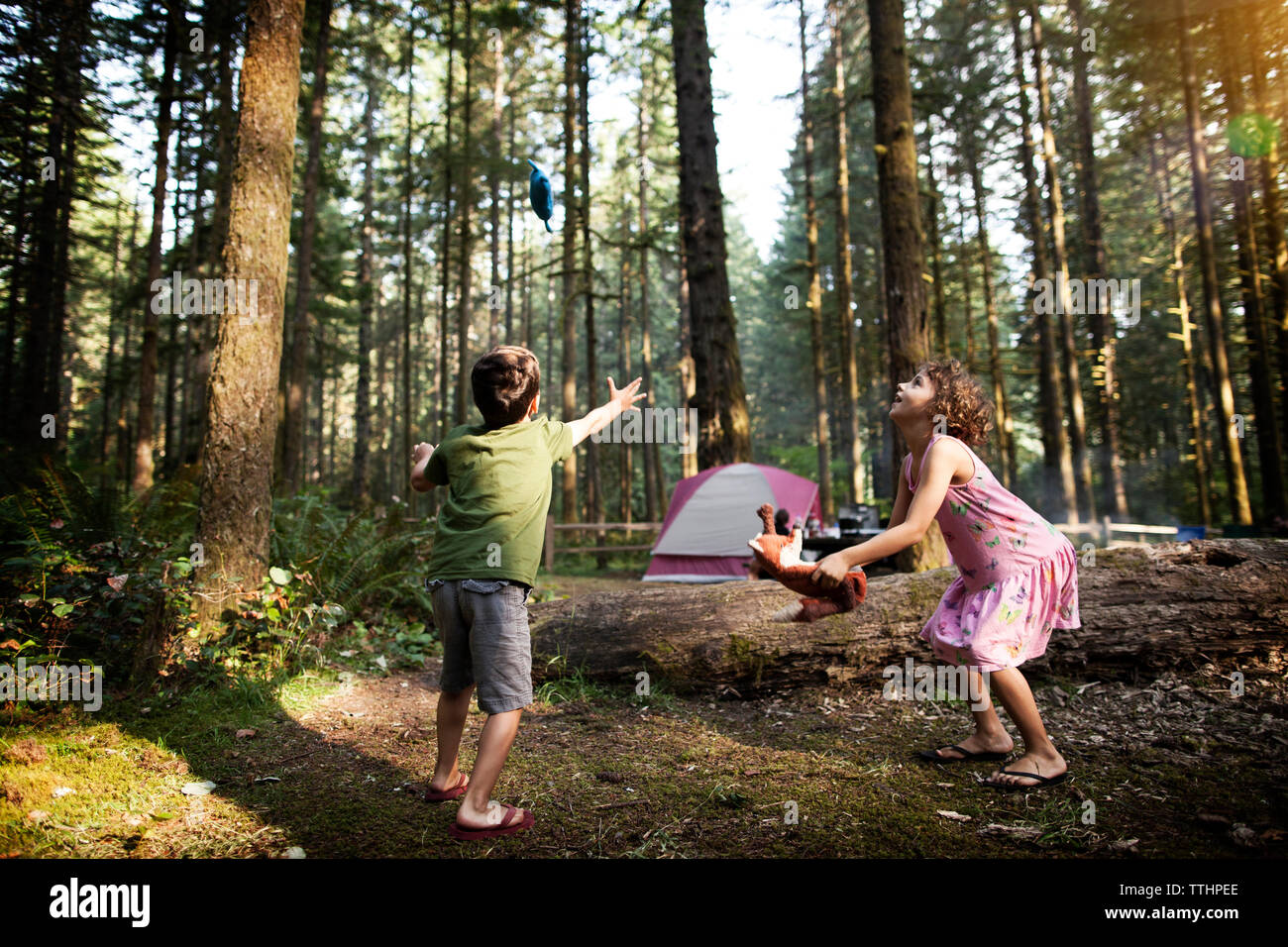 Bambini che giocano con i giocattoli in foresta Foto Stock