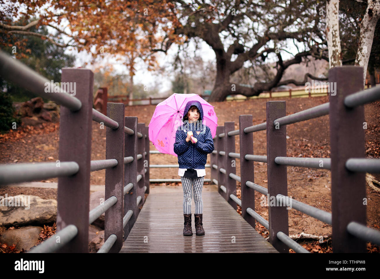 Ritratto di ragazza con un ombrello mentre permanente sulla passerella al park Foto Stock