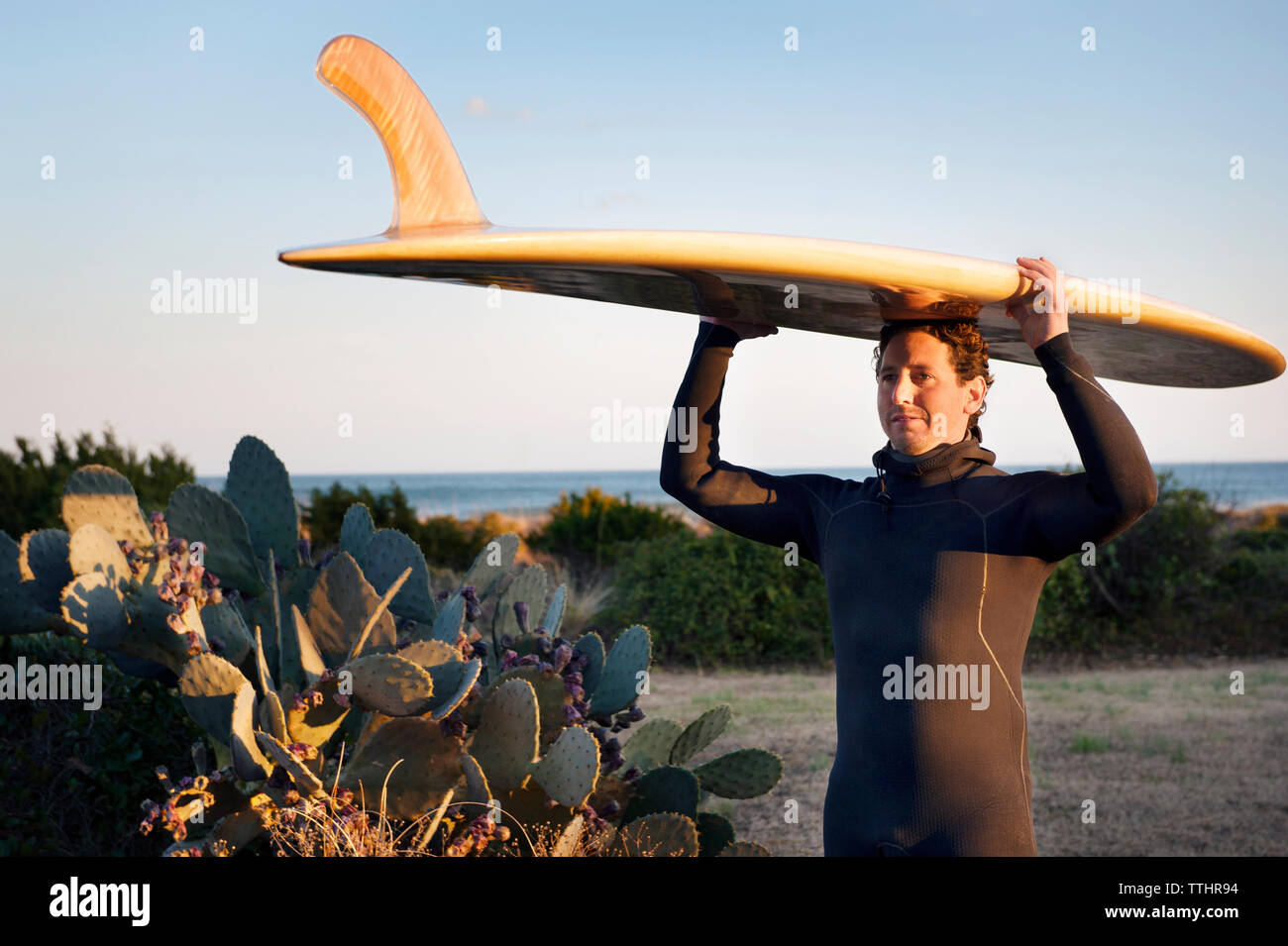 Il surfer che trasportano le tavole da surf sulla testa mentre si sta in piedi sul campo erboso contro il cielo chiaro Foto Stock