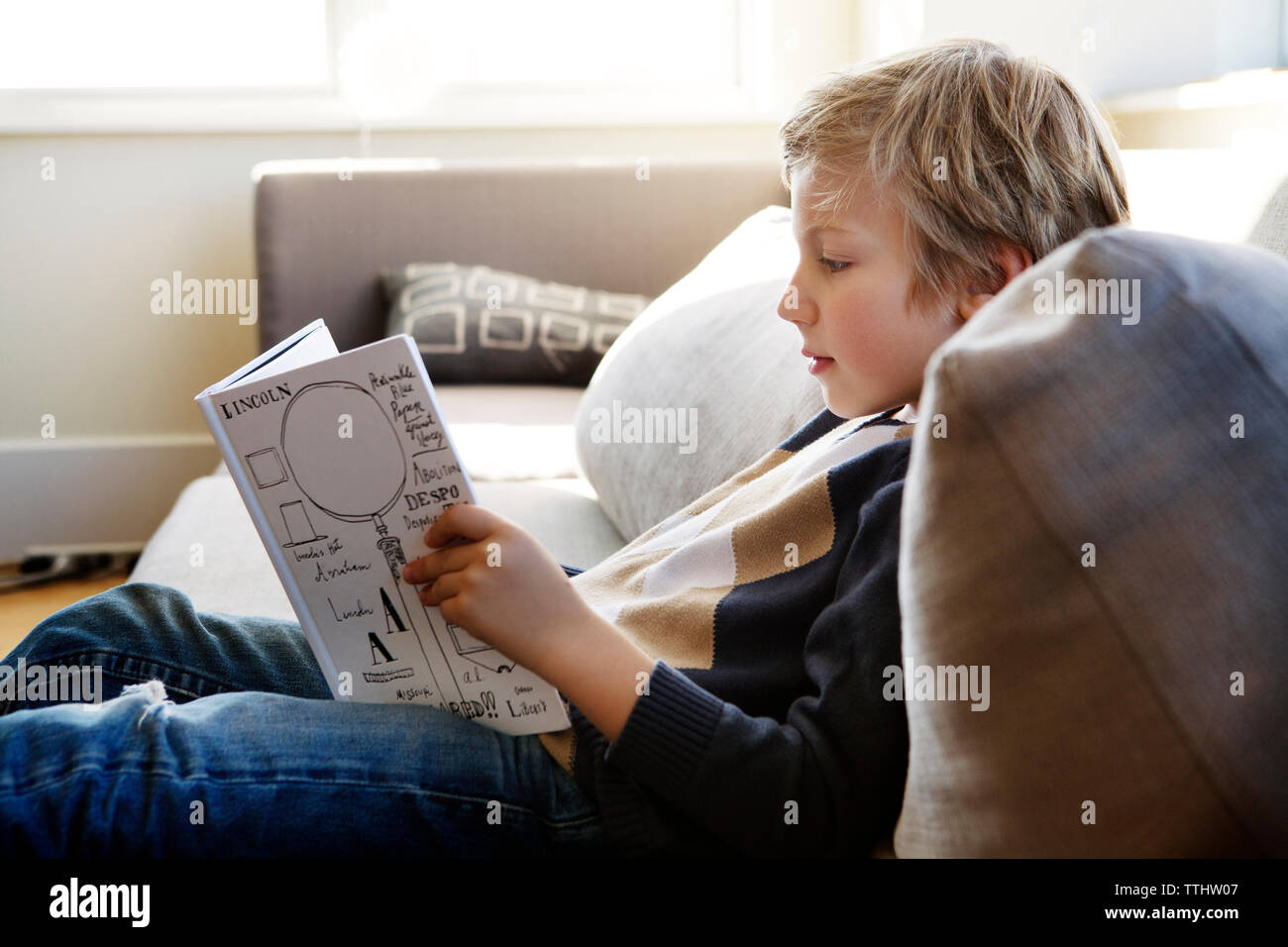 Ragazzo studiando comodamente seduti sul divano di casa Foto Stock
