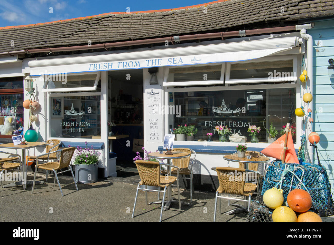 Fresco dal mare, Port Isaac, Cornwall, Regno Unito, con i proprietari Callum (in impermeabilizza) & Tracey (tutti) blu Greenhalgh nel mezzo. Foto Stock