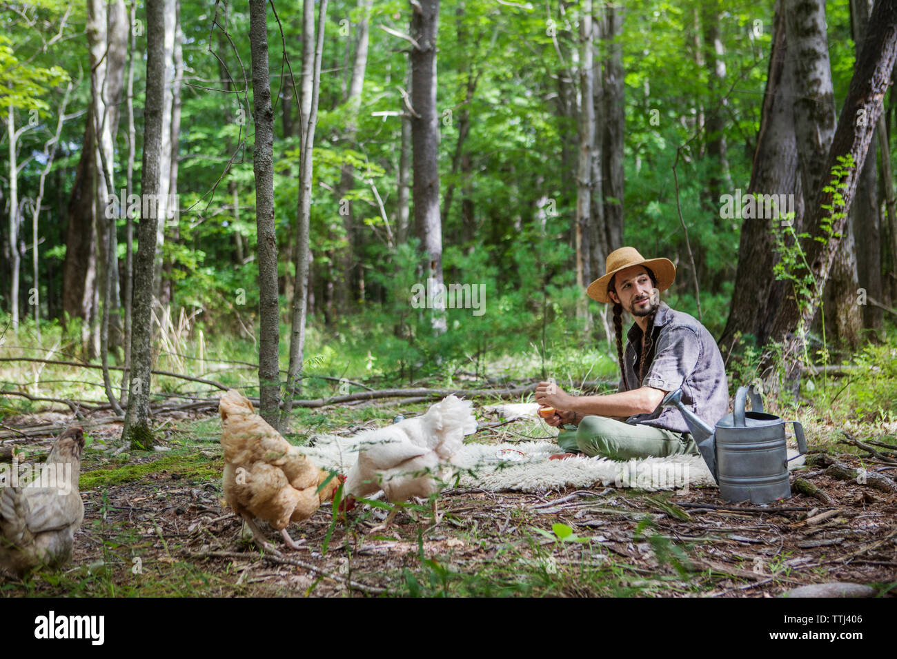 Uomo che guarda lontano mentre è seduto su una coperta in foresta Foto Stock