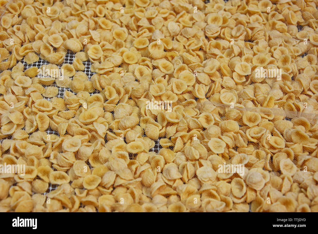Fresh orecchiette sfondo , la pasta tradizionale per le strade di Bari, Italia Foto Stock