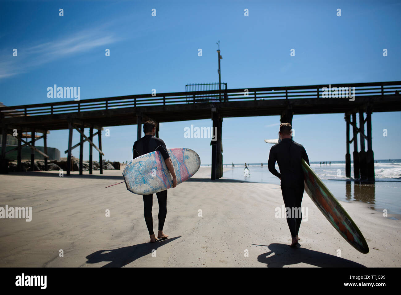 Vista posteriore di uomini che trasportano le tavole da surf in spiaggia Foto Stock
