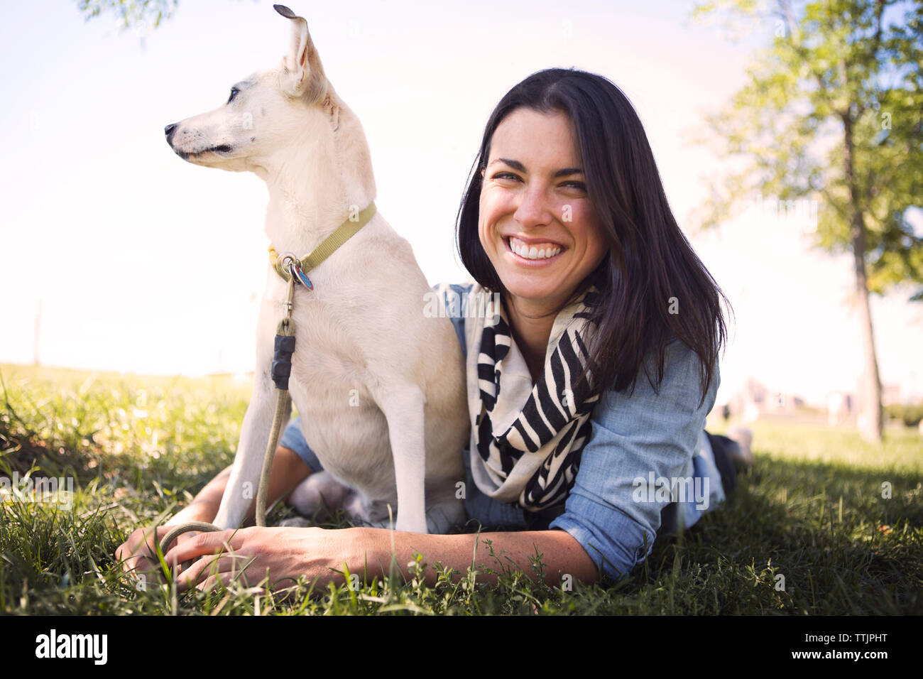 Ritratto di donna sorridente sdraiato con il cane sul campo erboso a park Foto Stock