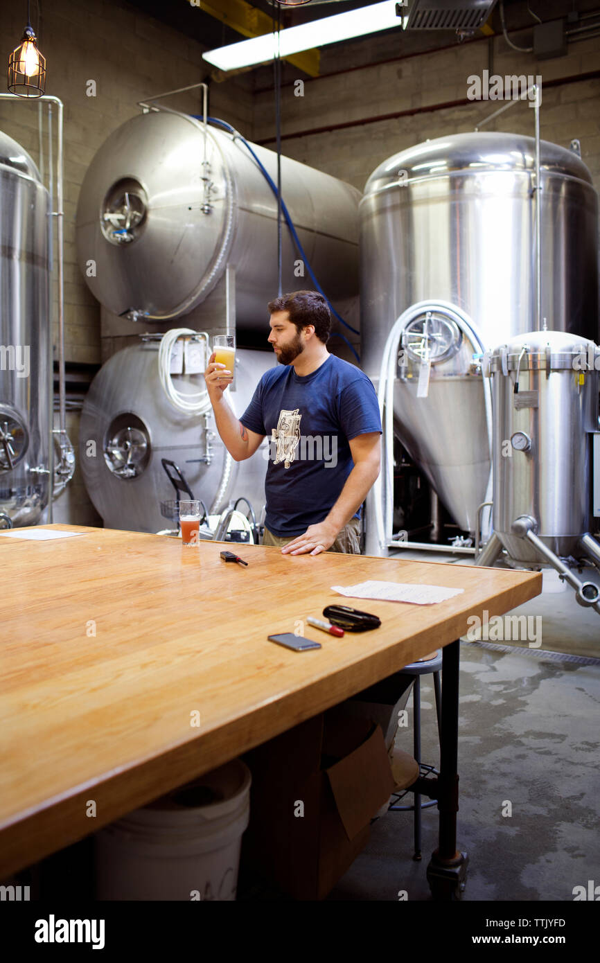 Controllo dell uomo di birra mentre si lavora nella fabbrica di birra Foto Stock