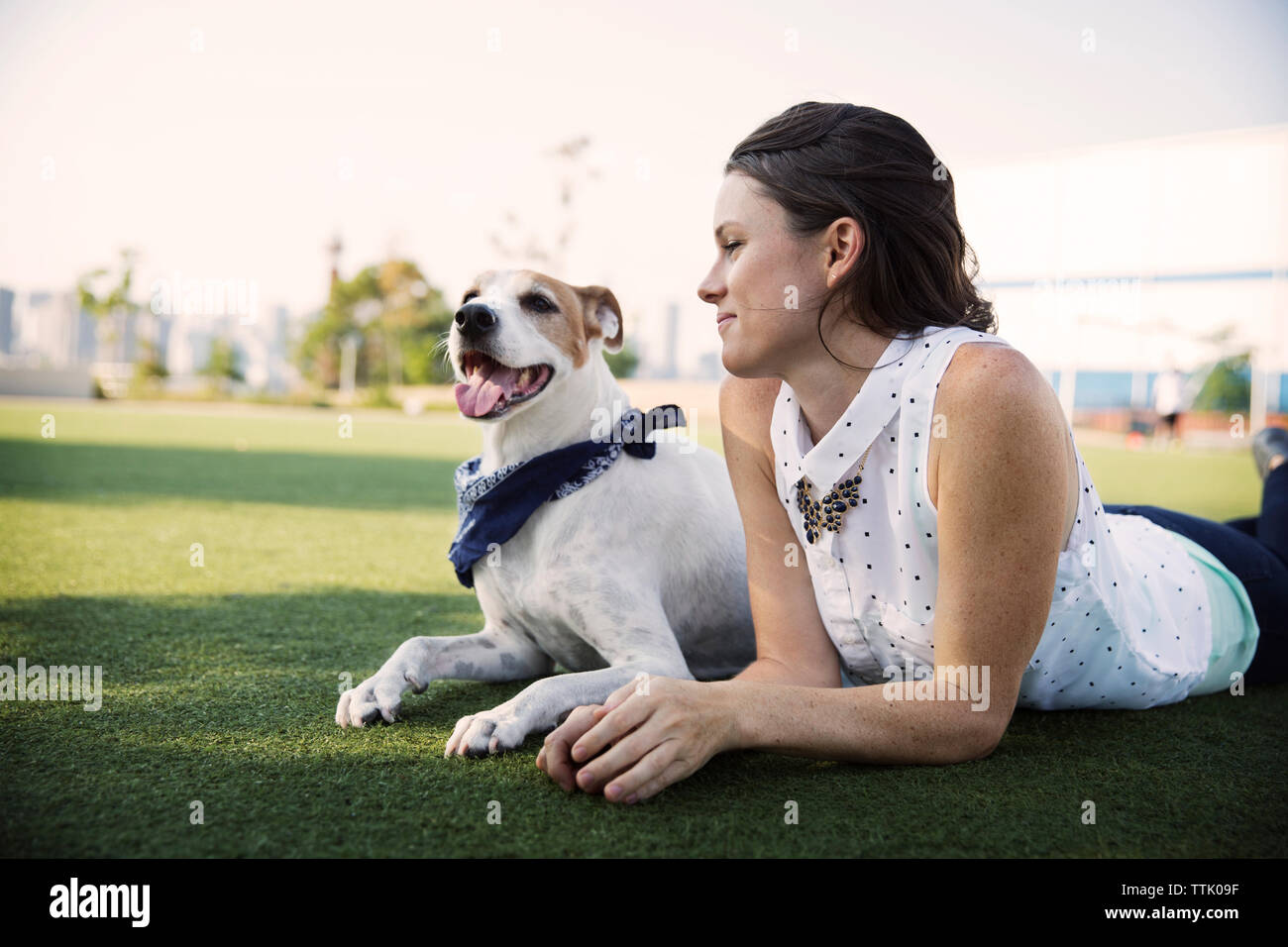Donna sorridente sdraiato con il cane sul campo erboso contro il cielo chiaro al park Foto Stock