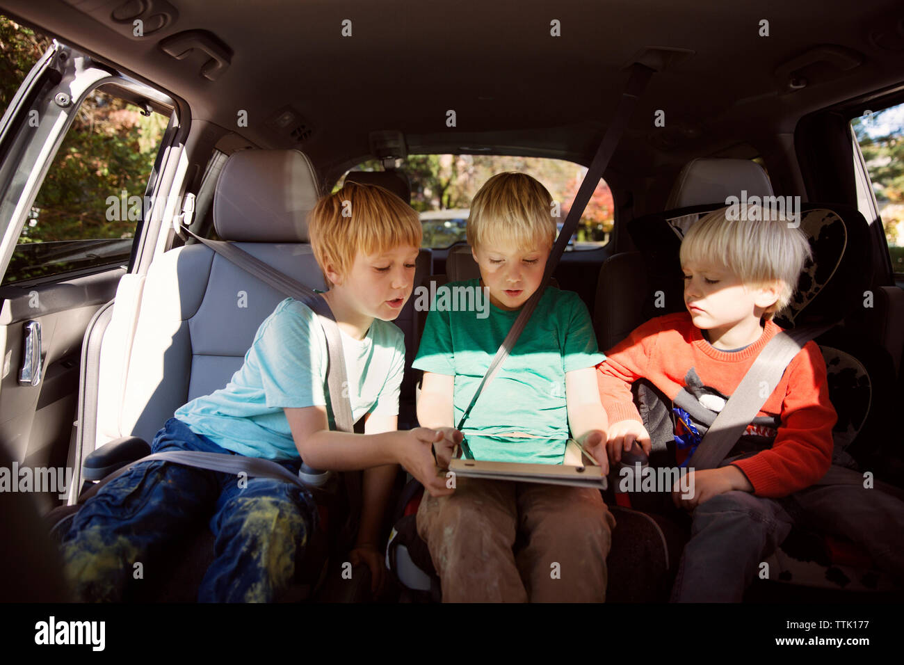 Fratelli guardando tablet computer mentre si è seduti in auto Foto Stock