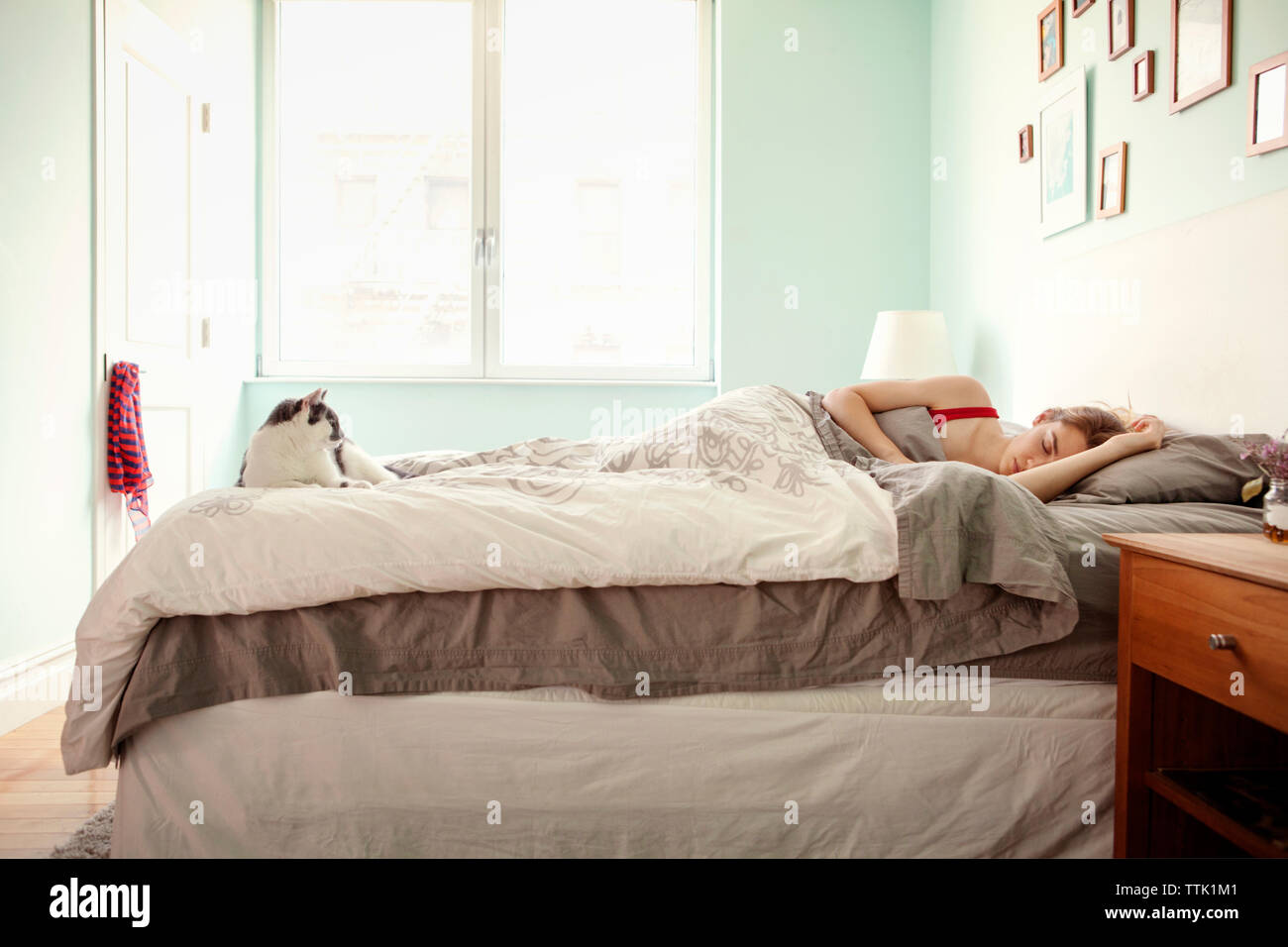 Cat guardando alla donna che dorme sul letto contro la finestra a casa Foto Stock