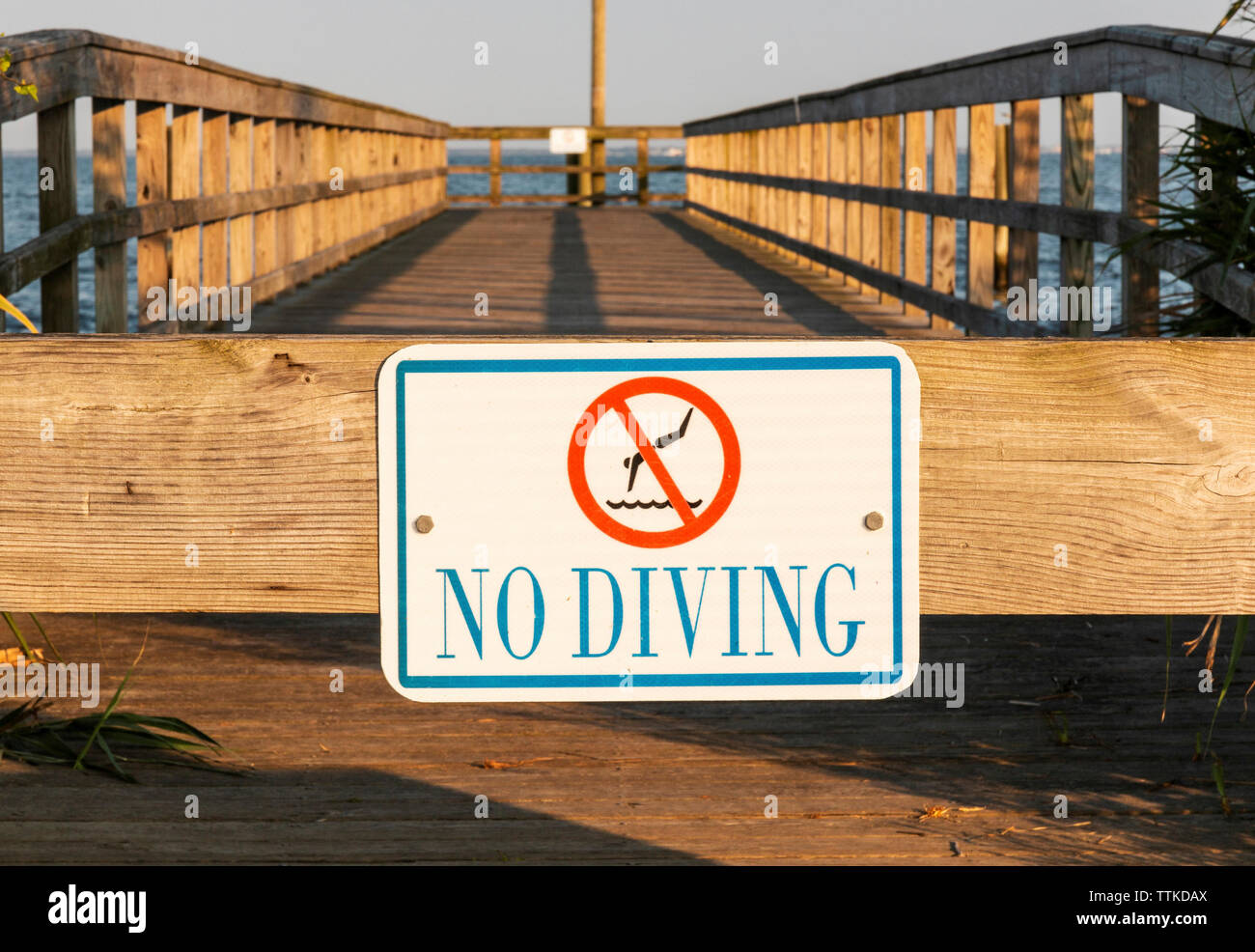 Un nessun segno di immersioni è inchiodato su di un molo di legno sulla costa di Long Island, New York. Foto Stock