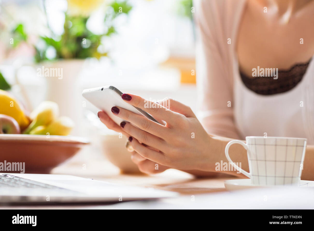 Sezione mediana della donna utilizzando il telefono cellulare a casa Foto Stock