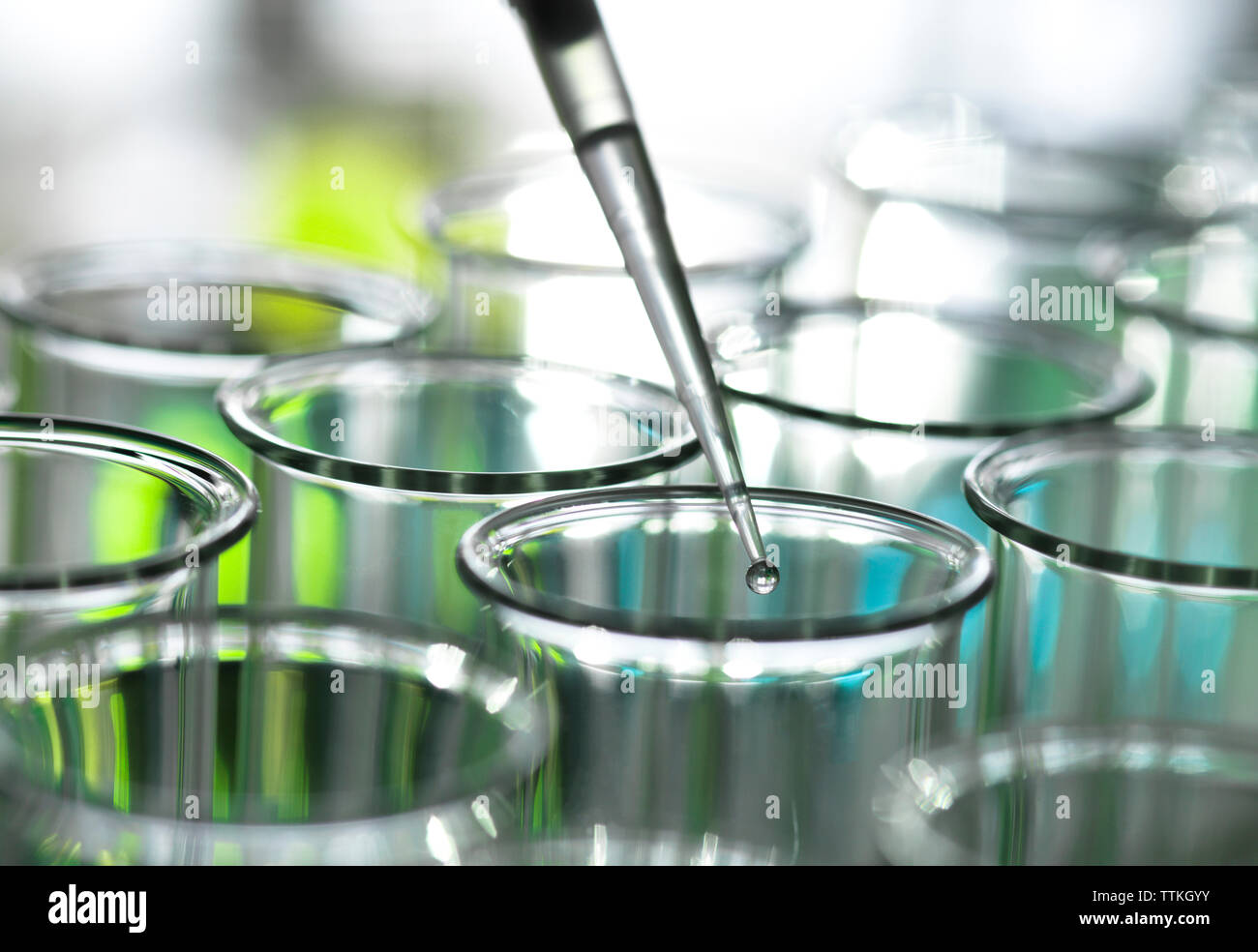 Pipettare il gocciolamento del liquido nel tubo di prova Foto Stock