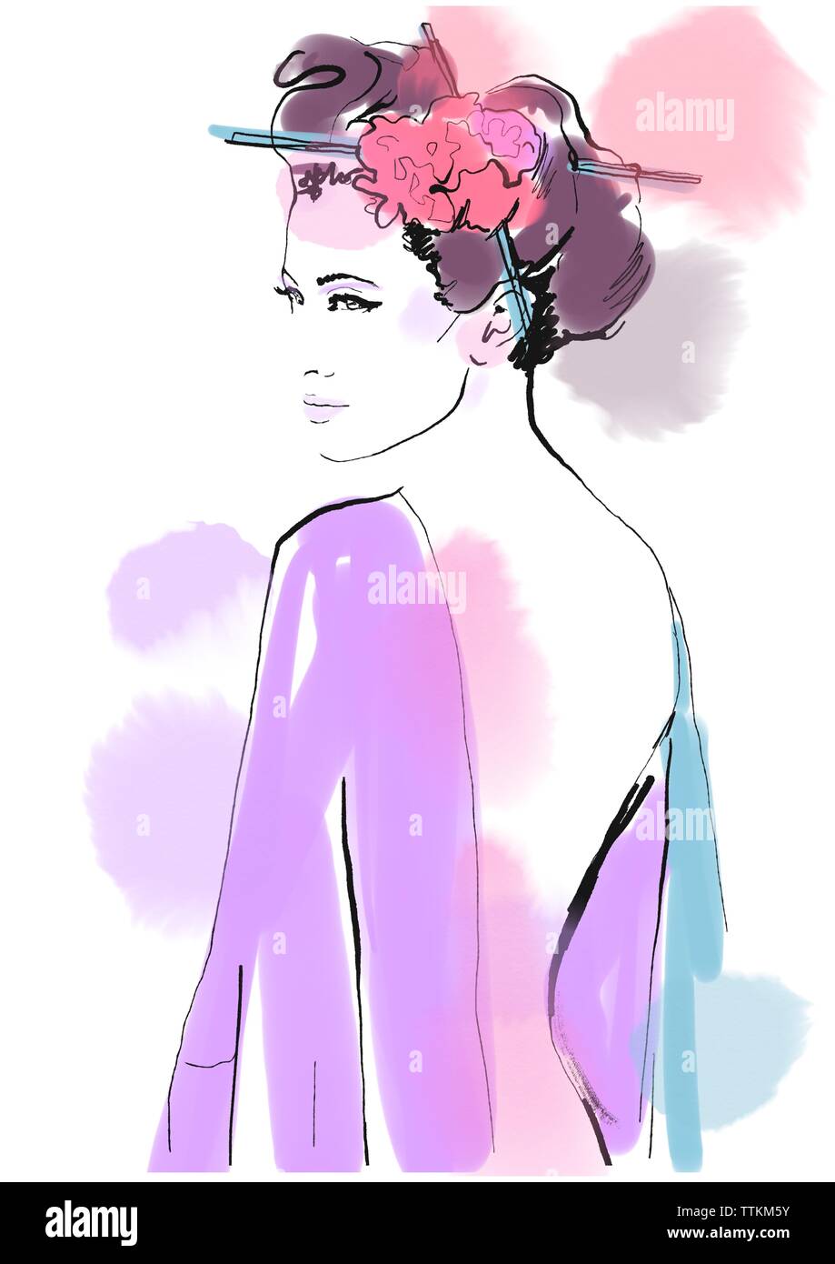 La Geisha. La moda dello sfondo. Abstract ritratto di donna. Schizzo di Moda. Illustrazione di Moda. Pittura ragazza asiatica. Con bacchette e fiori. Disegnare a mano Foto Stock